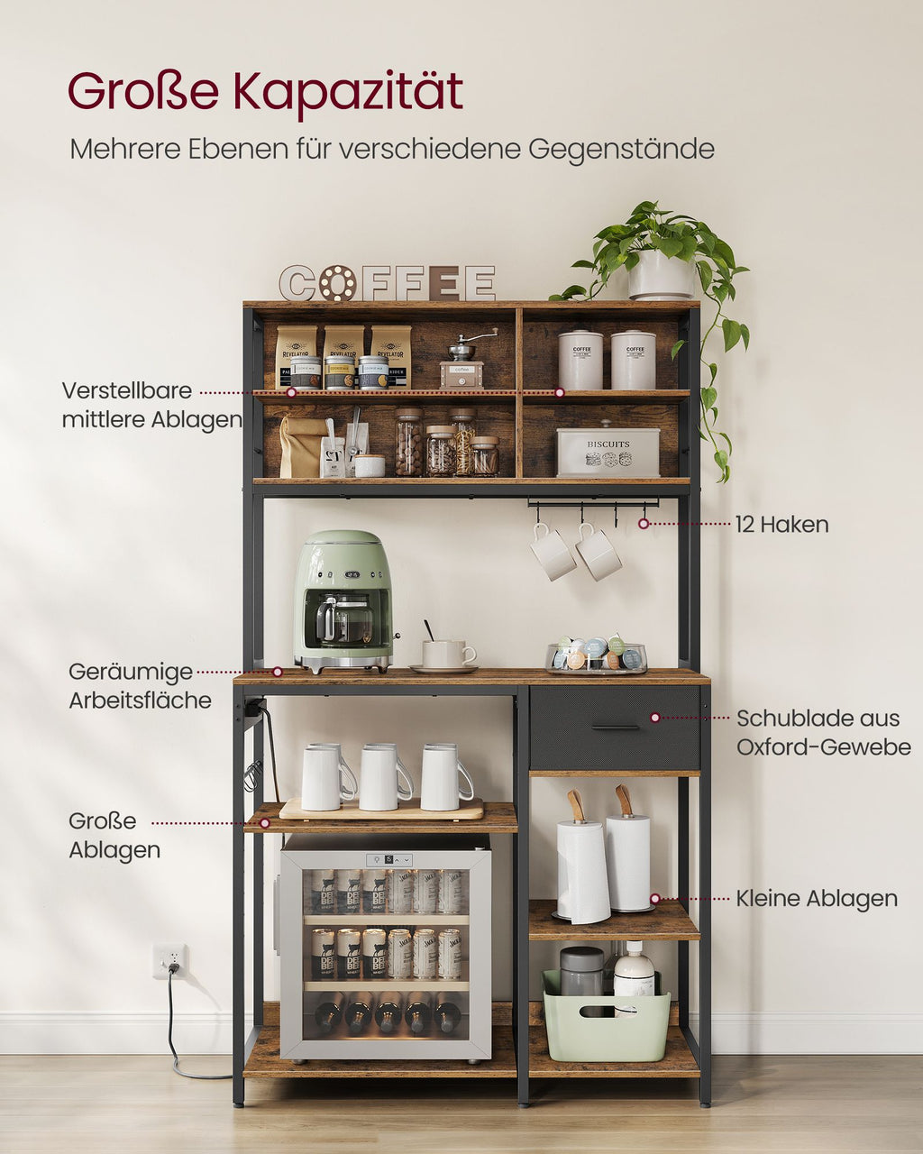Kitchenplank - with sockets & adjustable shelves - Vintage Brown & Ink -Zwart