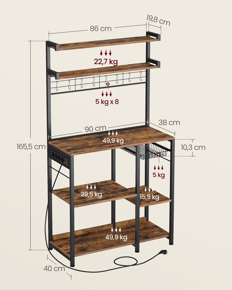 Kitchen rack - Standing rack - With socket - Multiple shelves - Metal frame - Brown