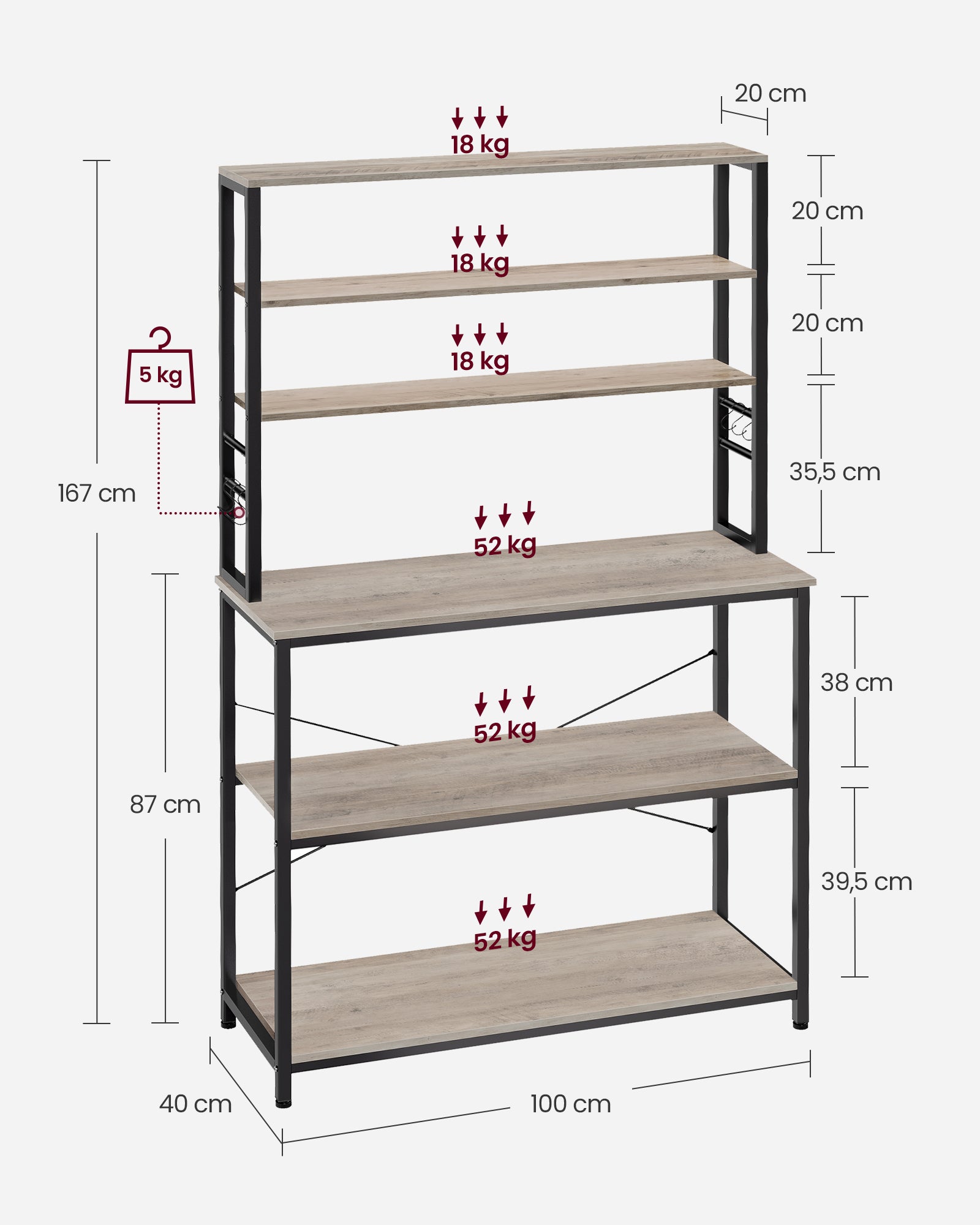 Kitchenplank 6 levels 40 x 100 x 167 cm Gray-black