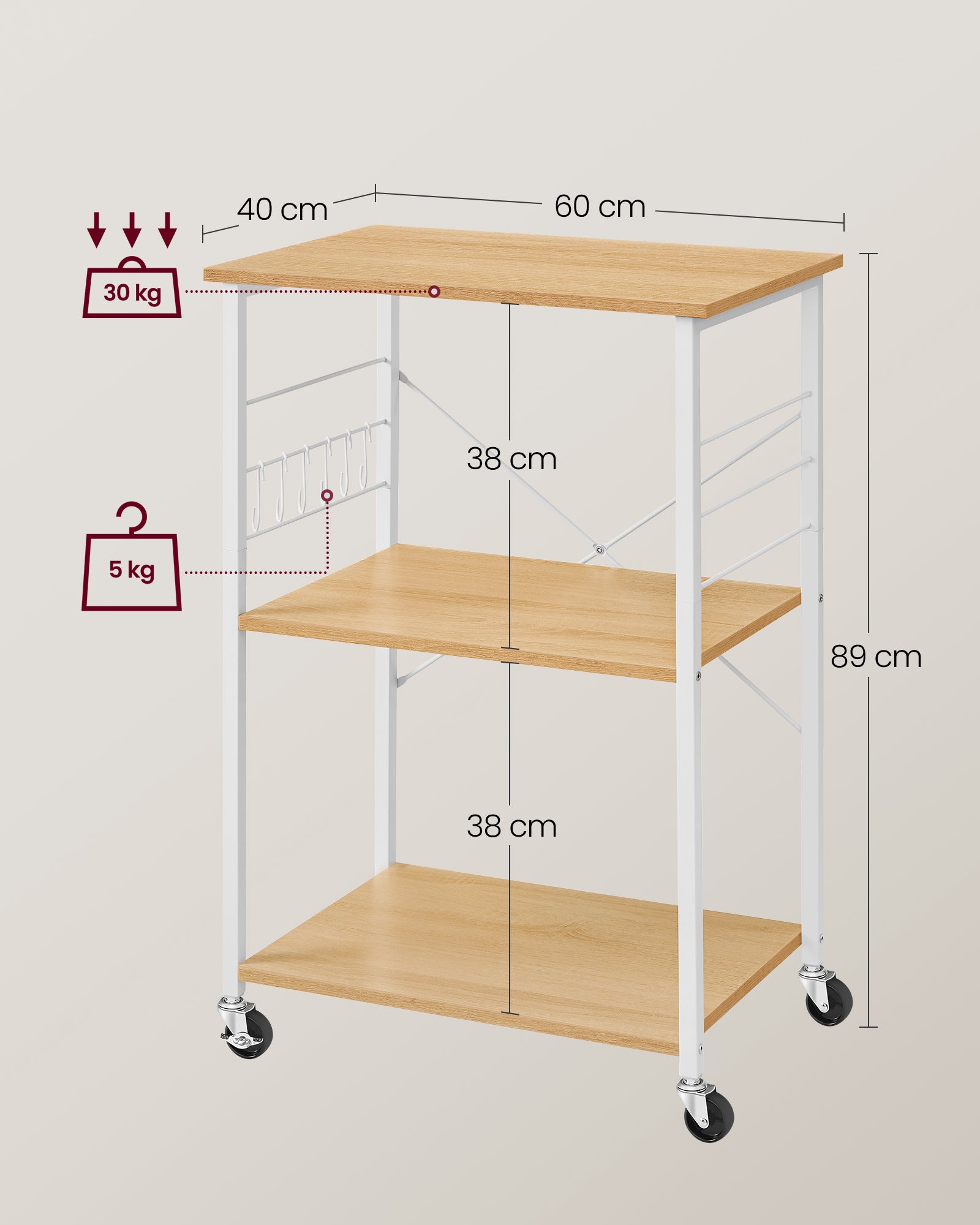 Kitchen rack - on wheels - with 3 levels