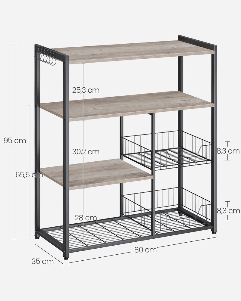 Kitchen rack - Kitchen cupboard - Storage cupboard - 4 levels - Metal frame - Wooden boards - Gray