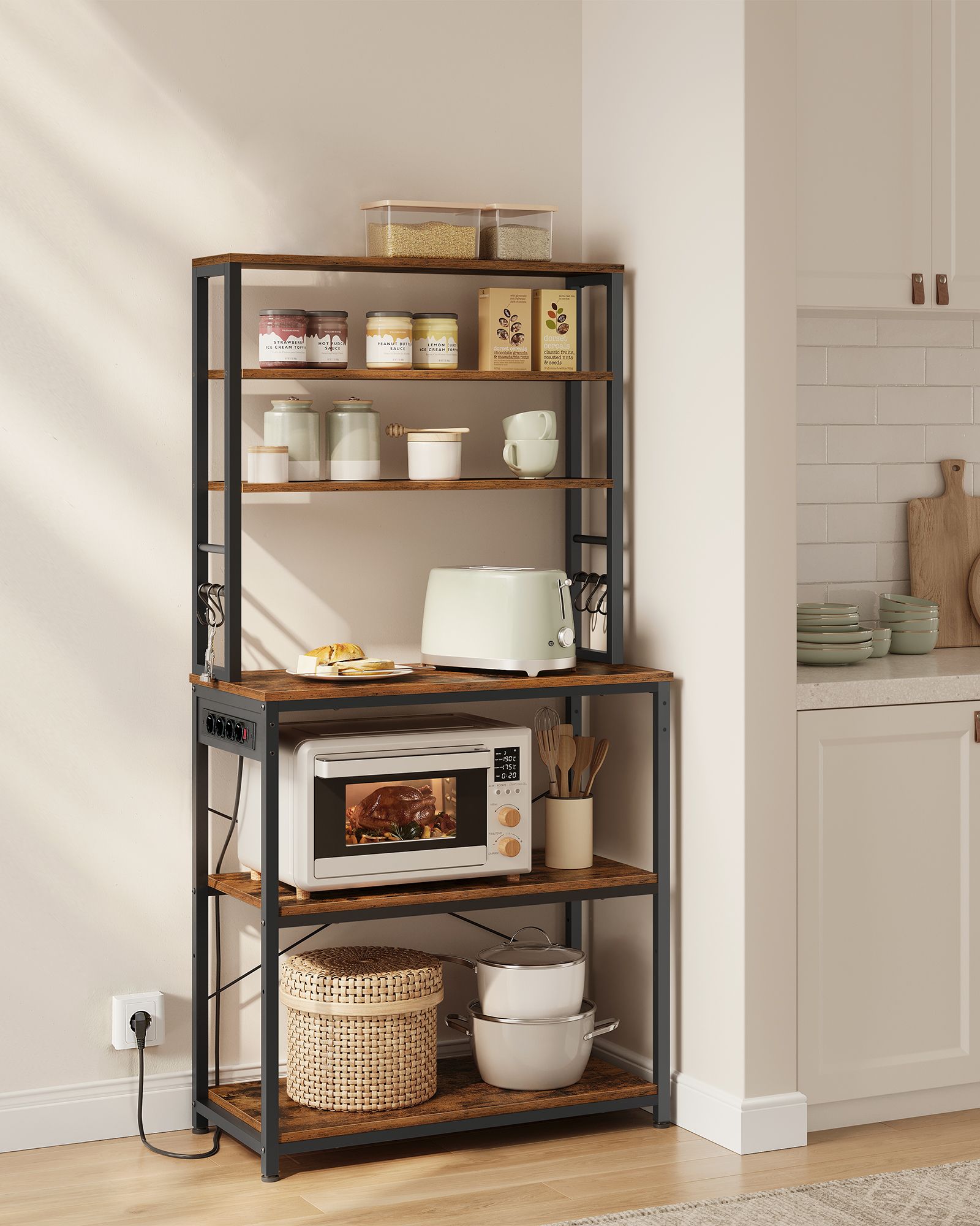 Kitchen shelf with sockets vintage brown and ink black
