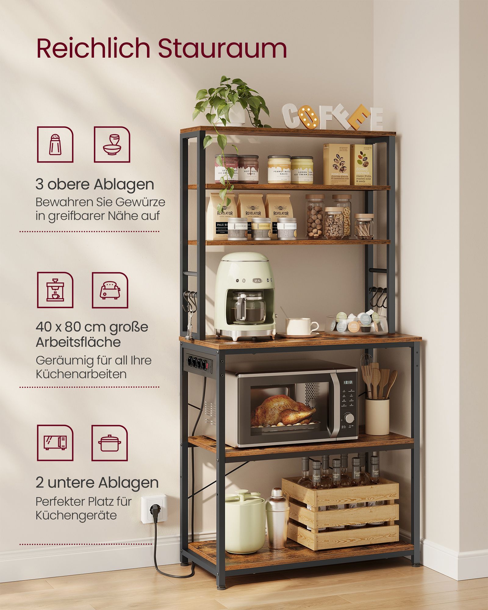 Kitchen shelf with sockets vintage brown and ink black