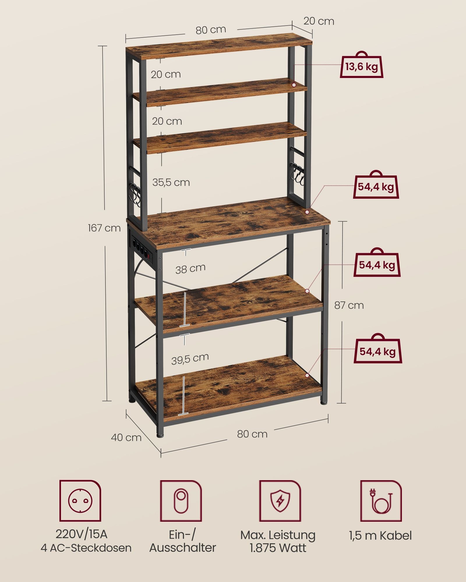 Kitchen shelf with sockets vintage brown and ink black