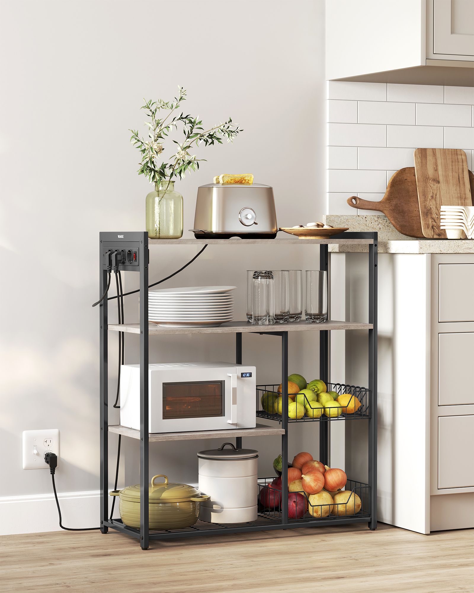 Kitchen shelf with sockets greige spotted ink black