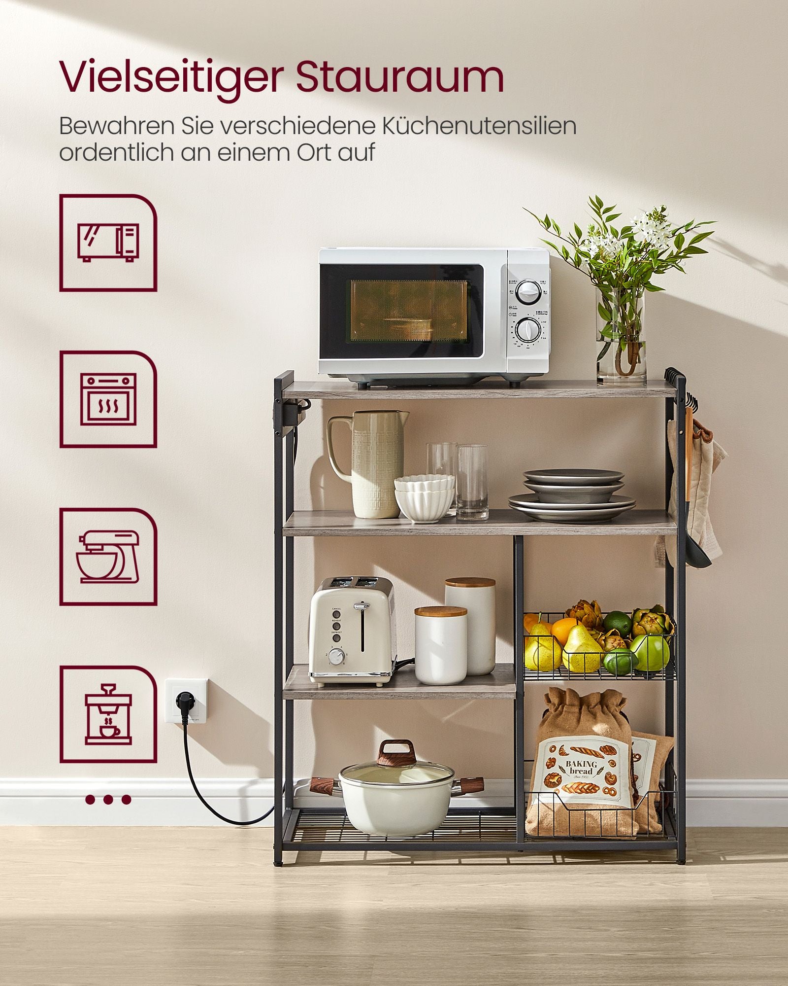 Kitchen shelf with sockets greige spotted ink black