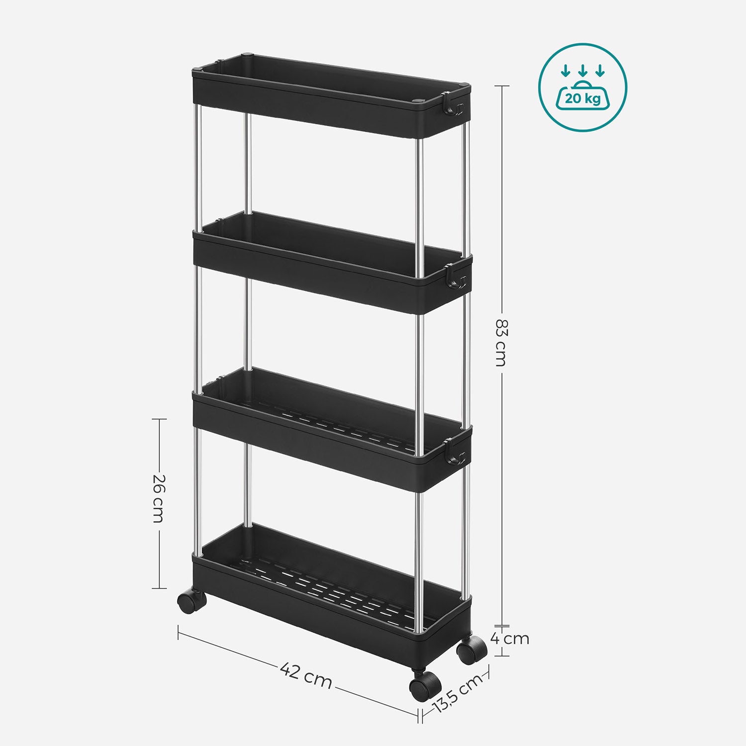 Bathroom trolley - Roller car - With 4 levels - Small - Black