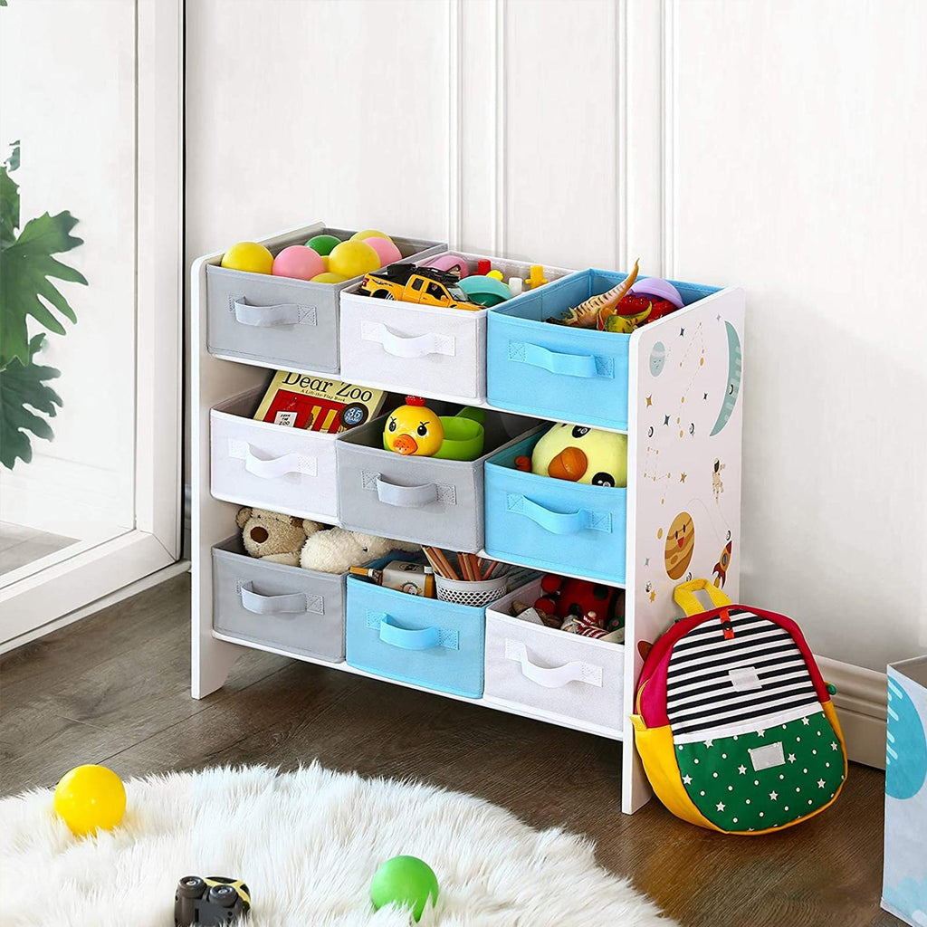 Children's cabinet - Bookcase for Toys - 9 Fleece Storage boxes - White/Blue