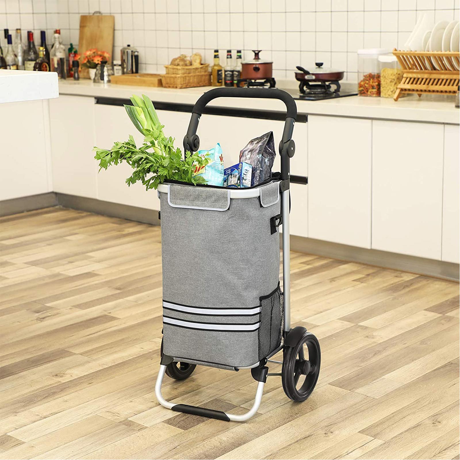 Groceral trolley - Foldable - With refrigerator compartment - Sturdy design - Gray