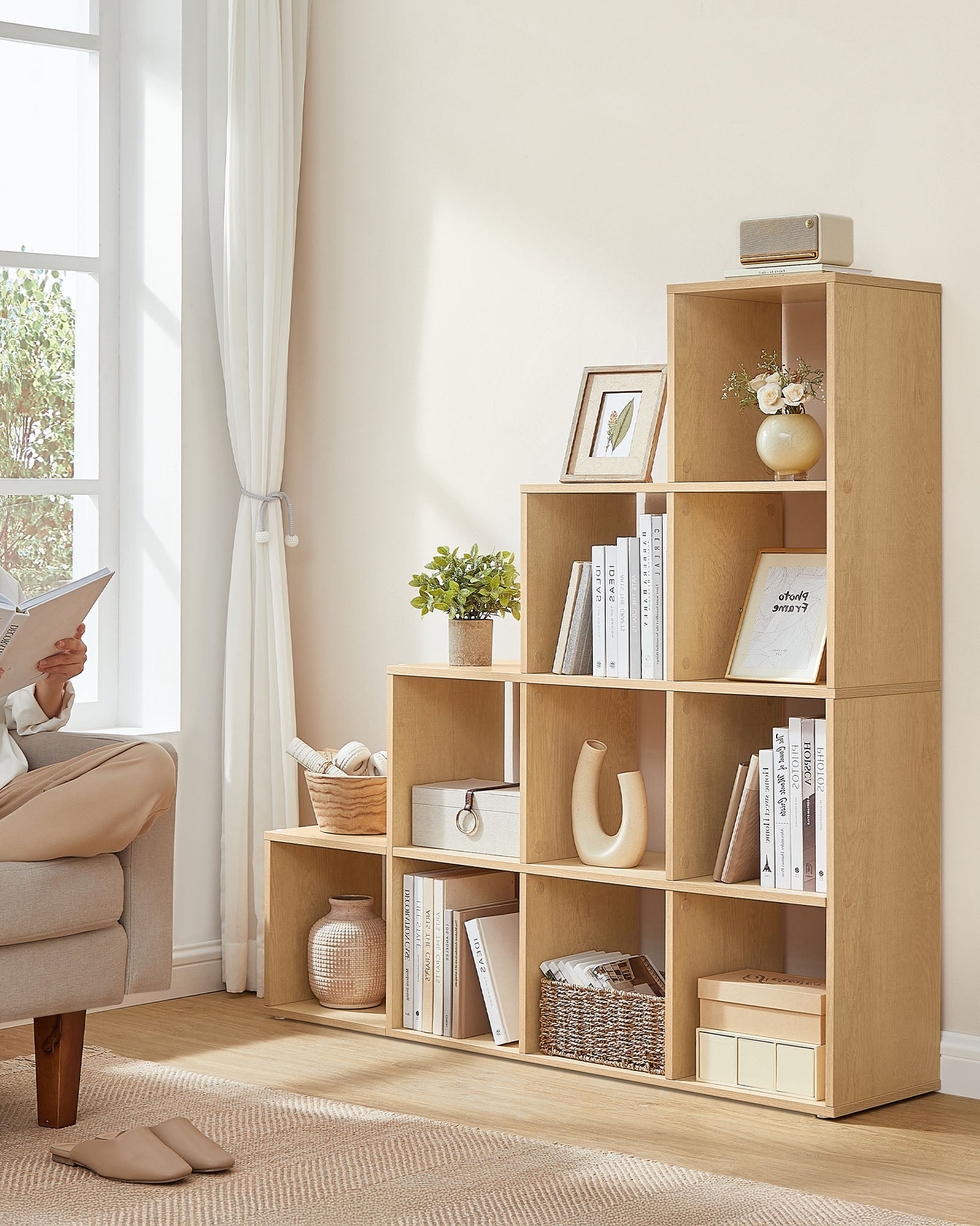 Bookcase - with 10 compartments - 29 × 129.5 × 129.5 cm - oak beige