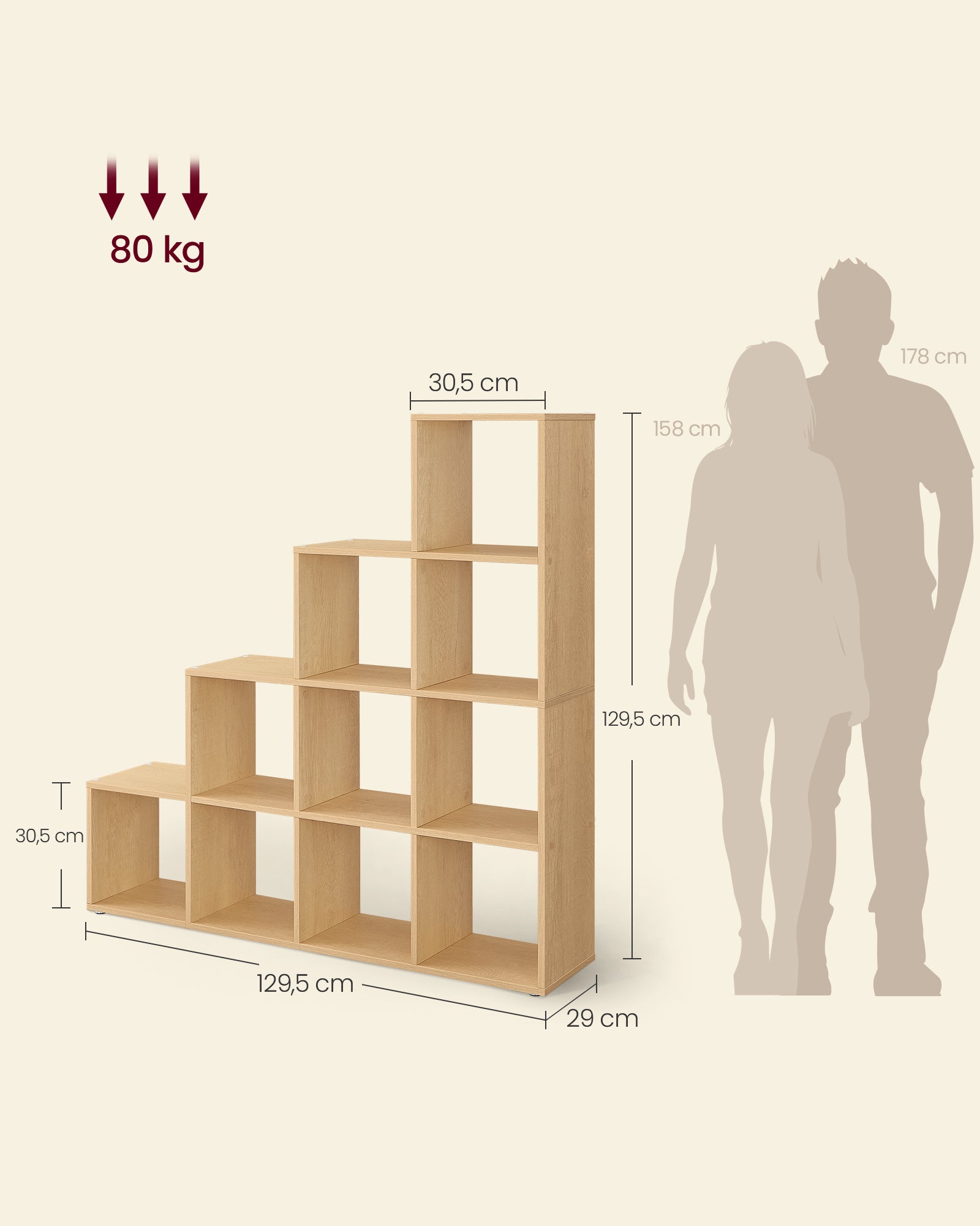 Bookcase - with 10 compartments - 29 × 129.5 × 129.5 cm - oak beige