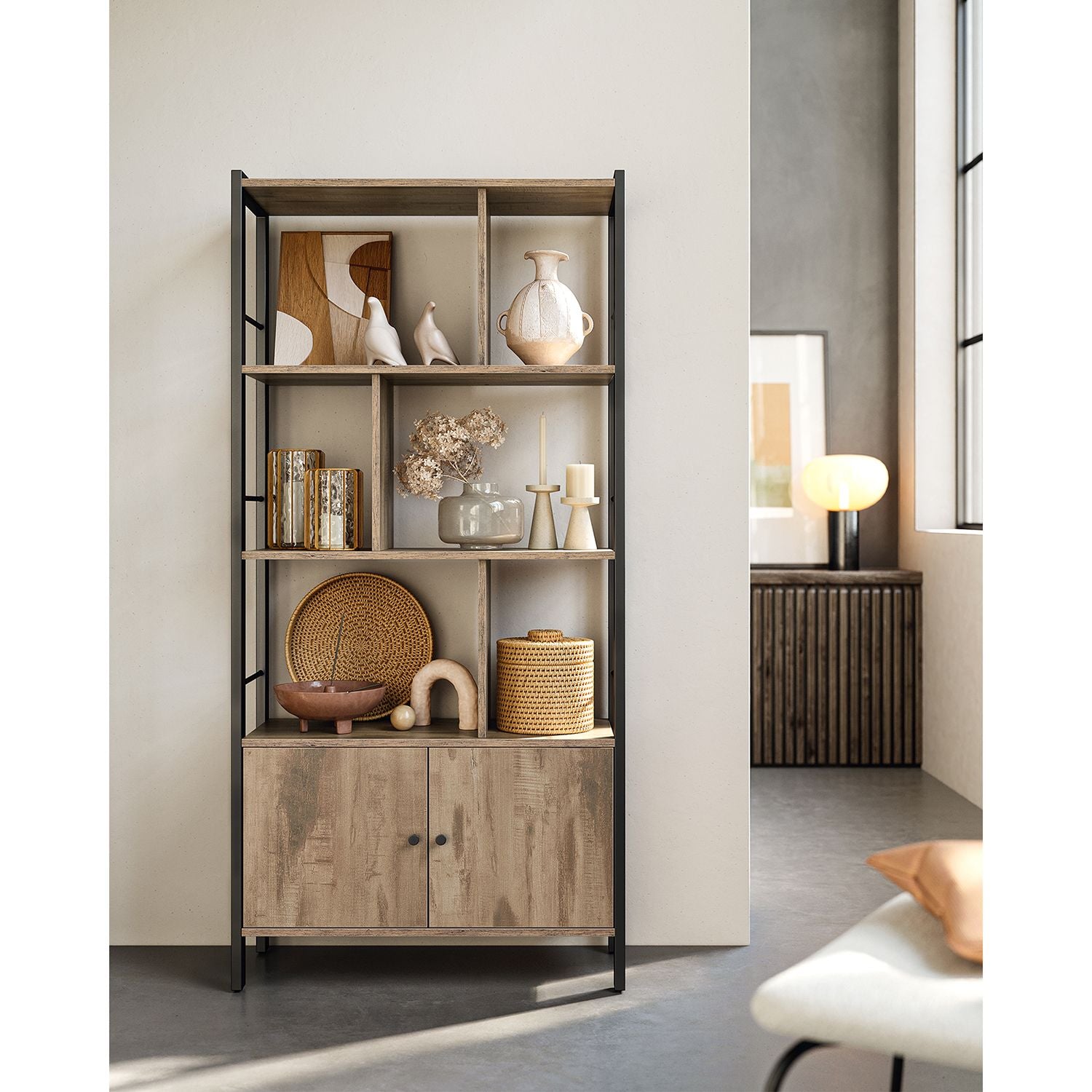Bookcase - with 4 open shelves - oak brown and black
