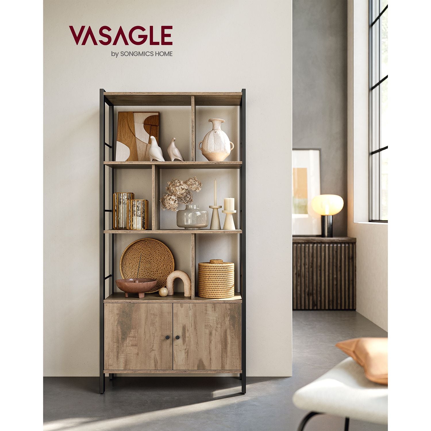 Bookcase - with 4 open shelves - oak brown and black