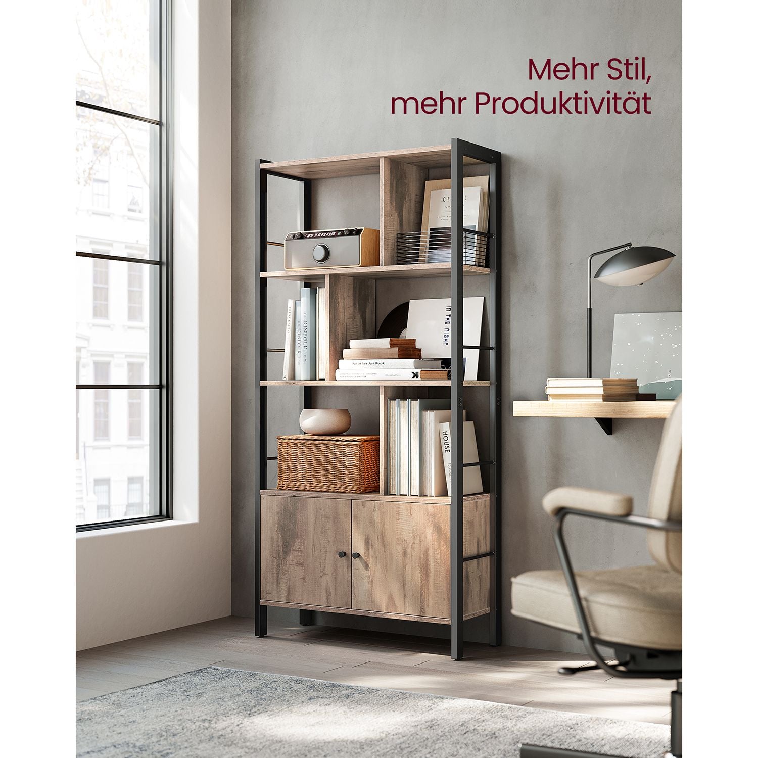 Bookcase - with 4 open shelves - oak brown and black