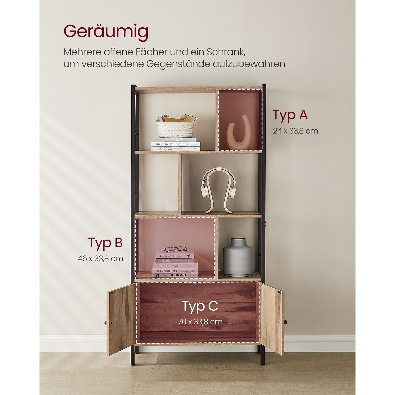 Bookcase - with 4 open shelves - oak brown and black