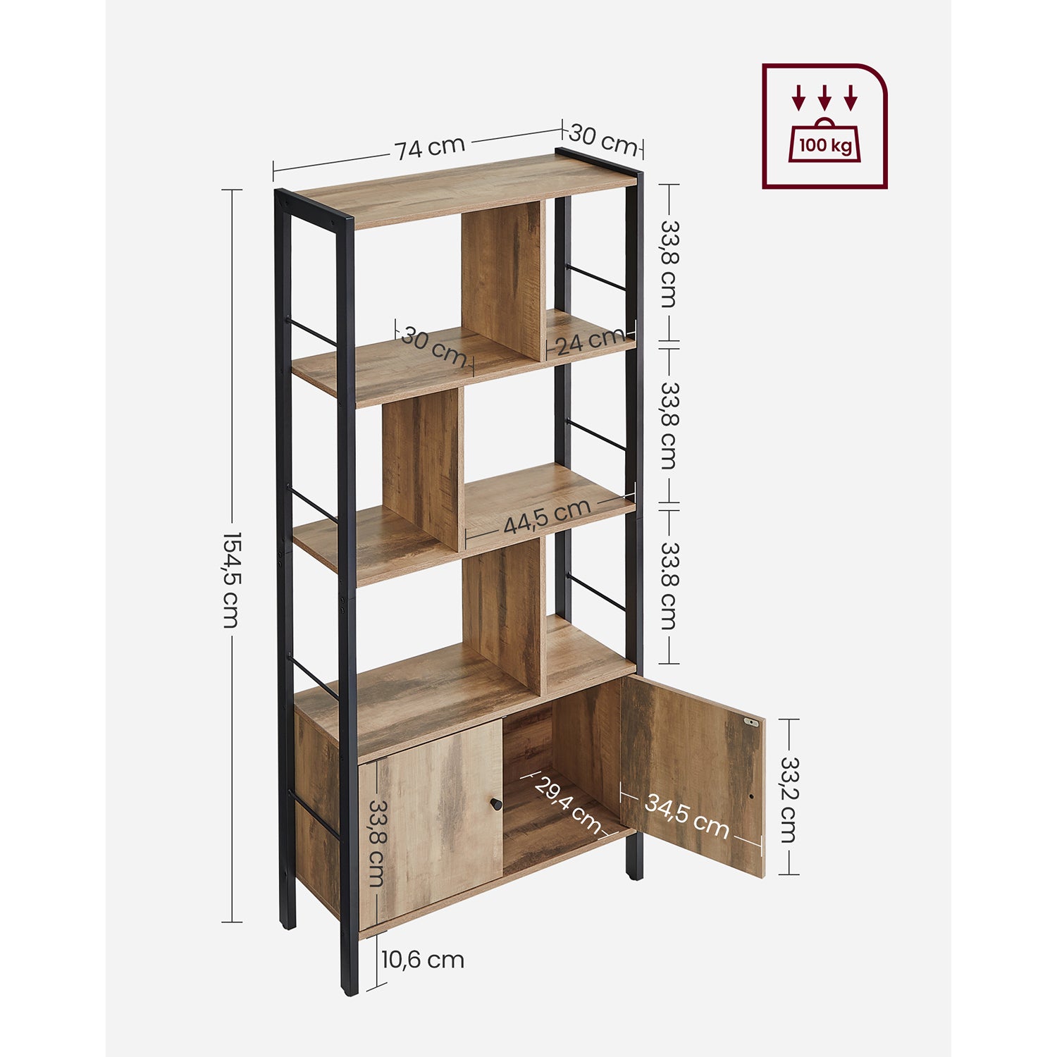 Bookcase - with 4 open shelves - oak brown and black
