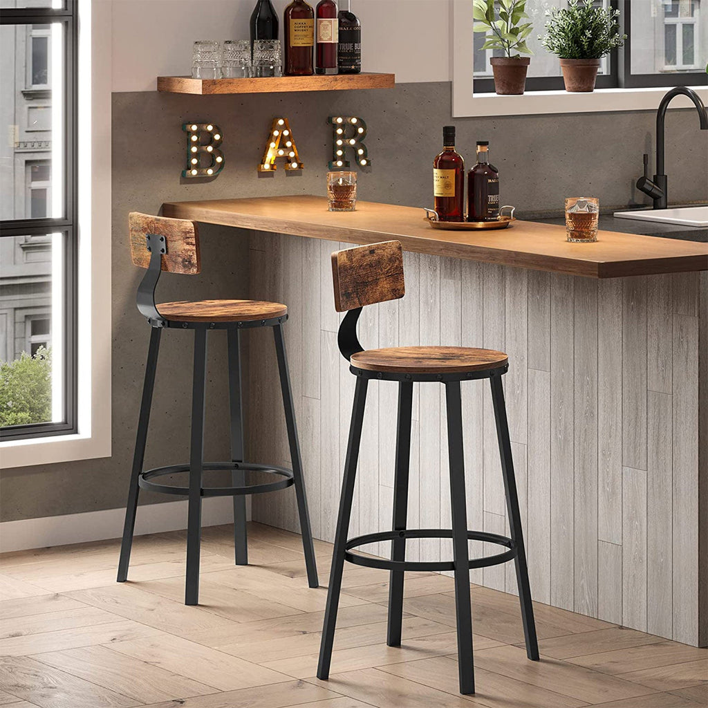 Bar stools - Set of 2 - With backrest - Wooden seat - Brown