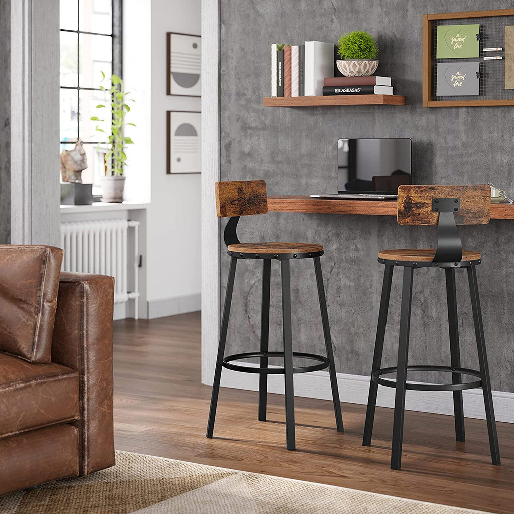 Bar stools - Set of 2 - With backrest - Wooden seat - Brown