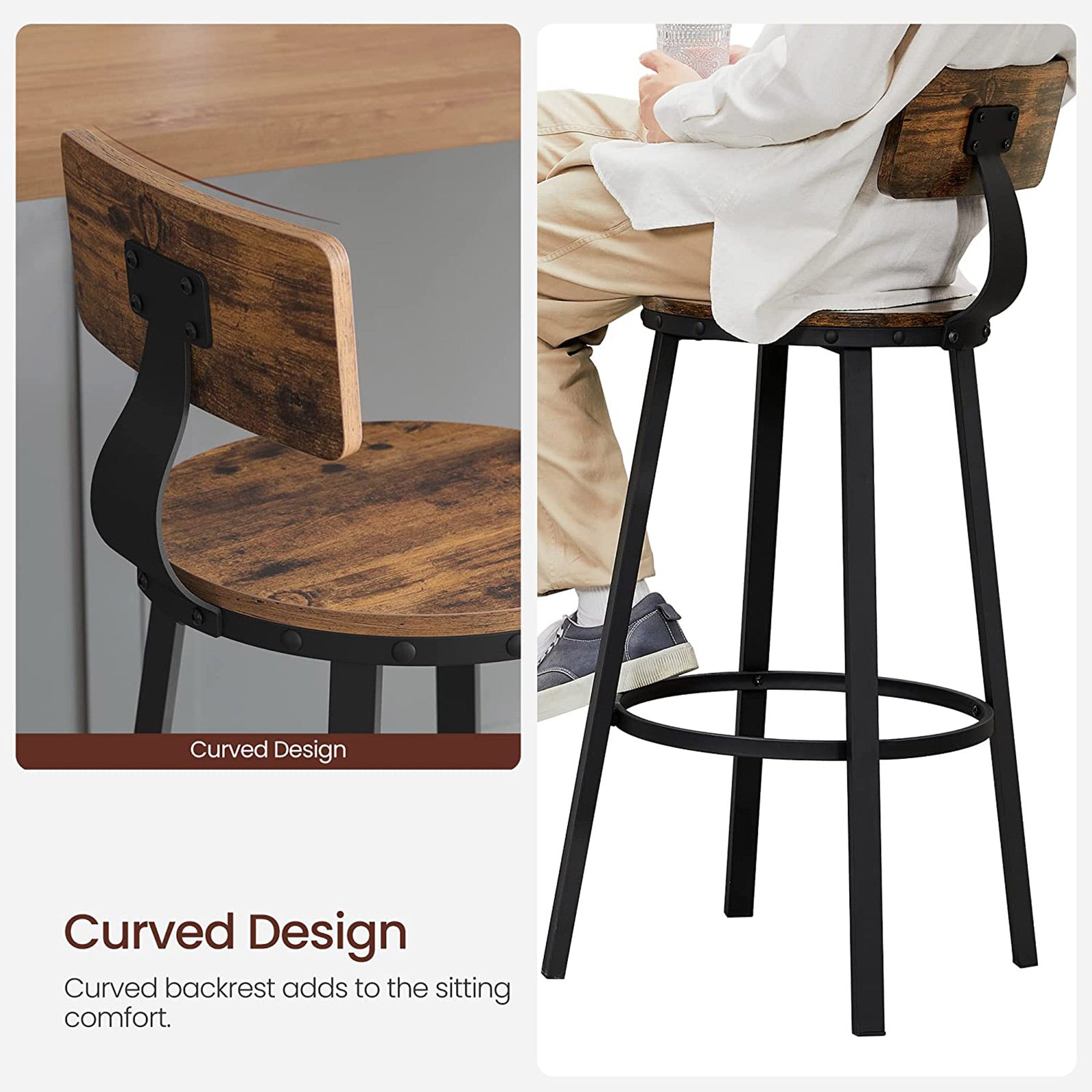 Bar stools - Set of 2 - With backrest - Wooden seat - Brown