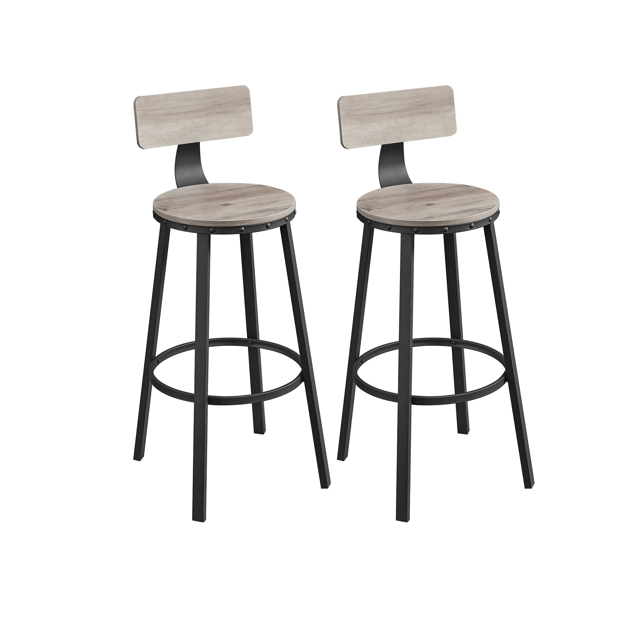 Bar stools - Set of 2 - With backrest - Wooden seat - Gray Black