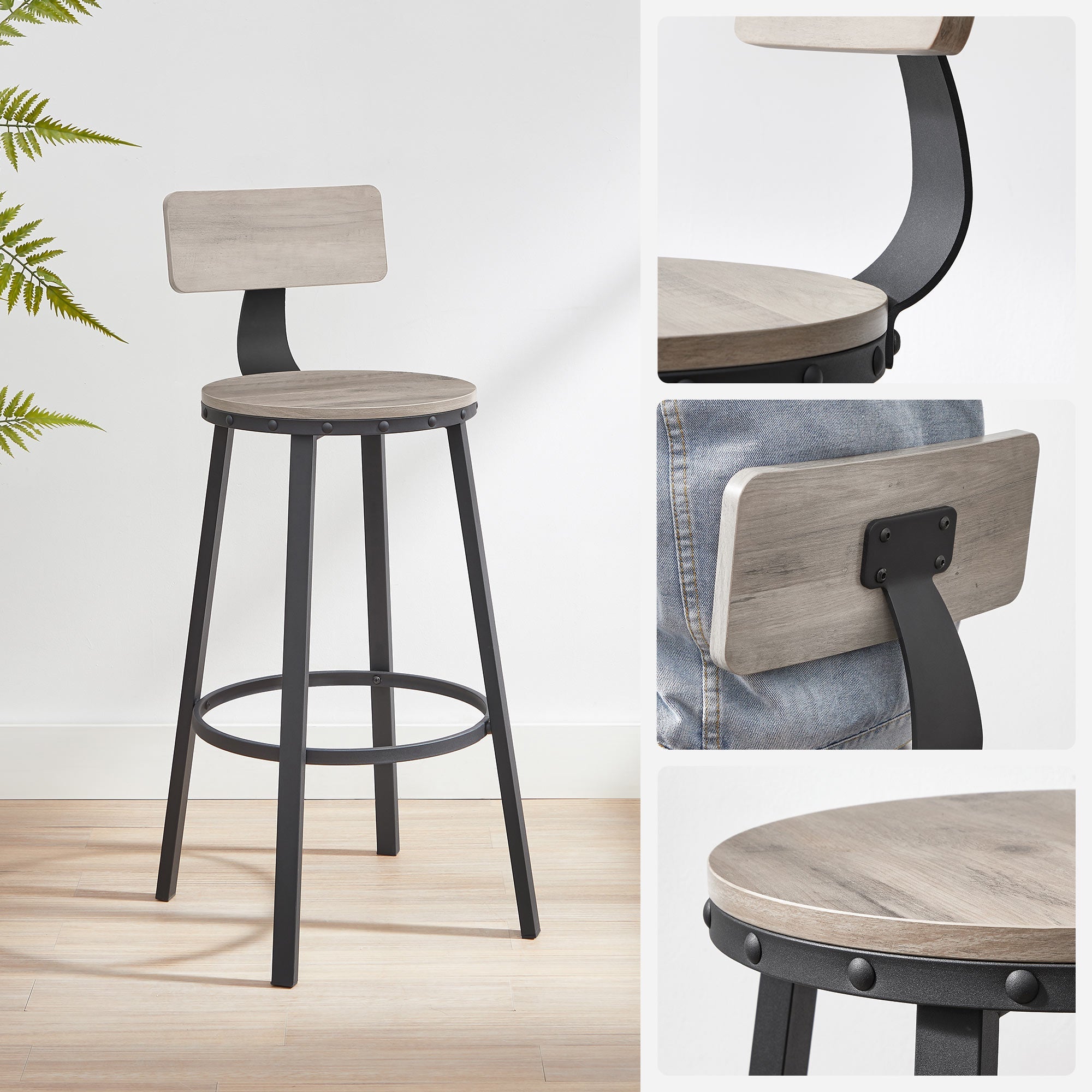 Bar stools - Set of 2 - With backrest - Wooden seat - Gray Black