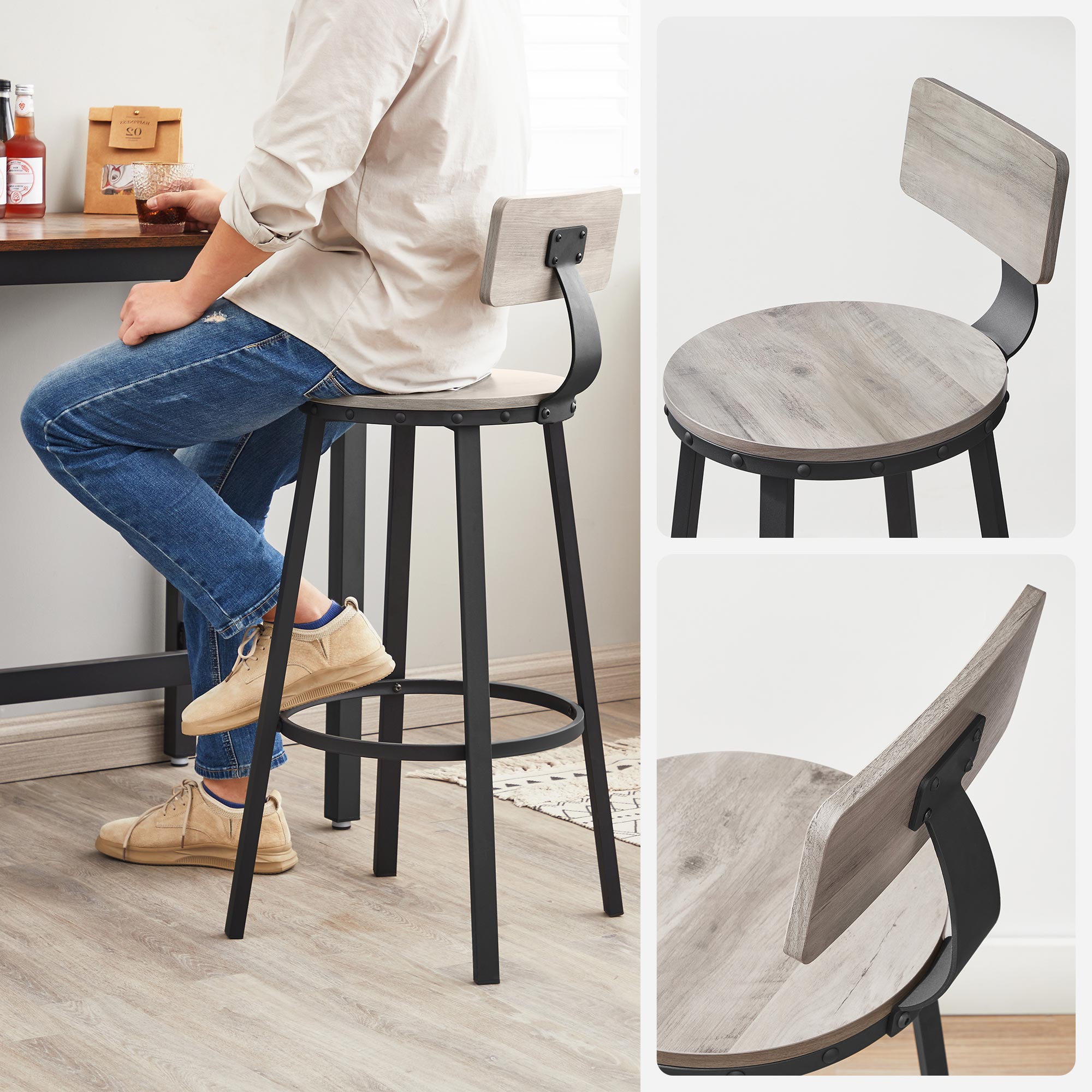 Bar stools - Set of 2 - With backrest - Wooden seat - Gray Black
