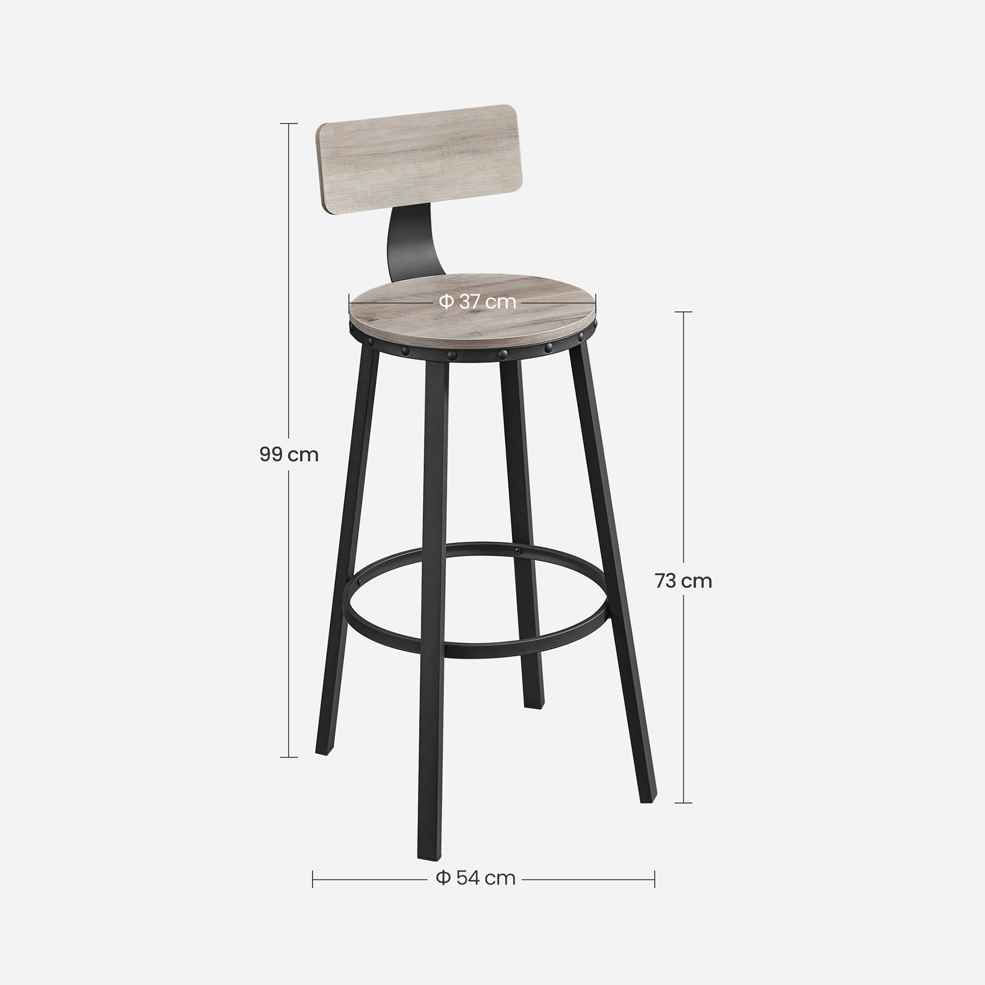 Bar stools - Set of 2 - With backrest - Wooden seat - Gray Black