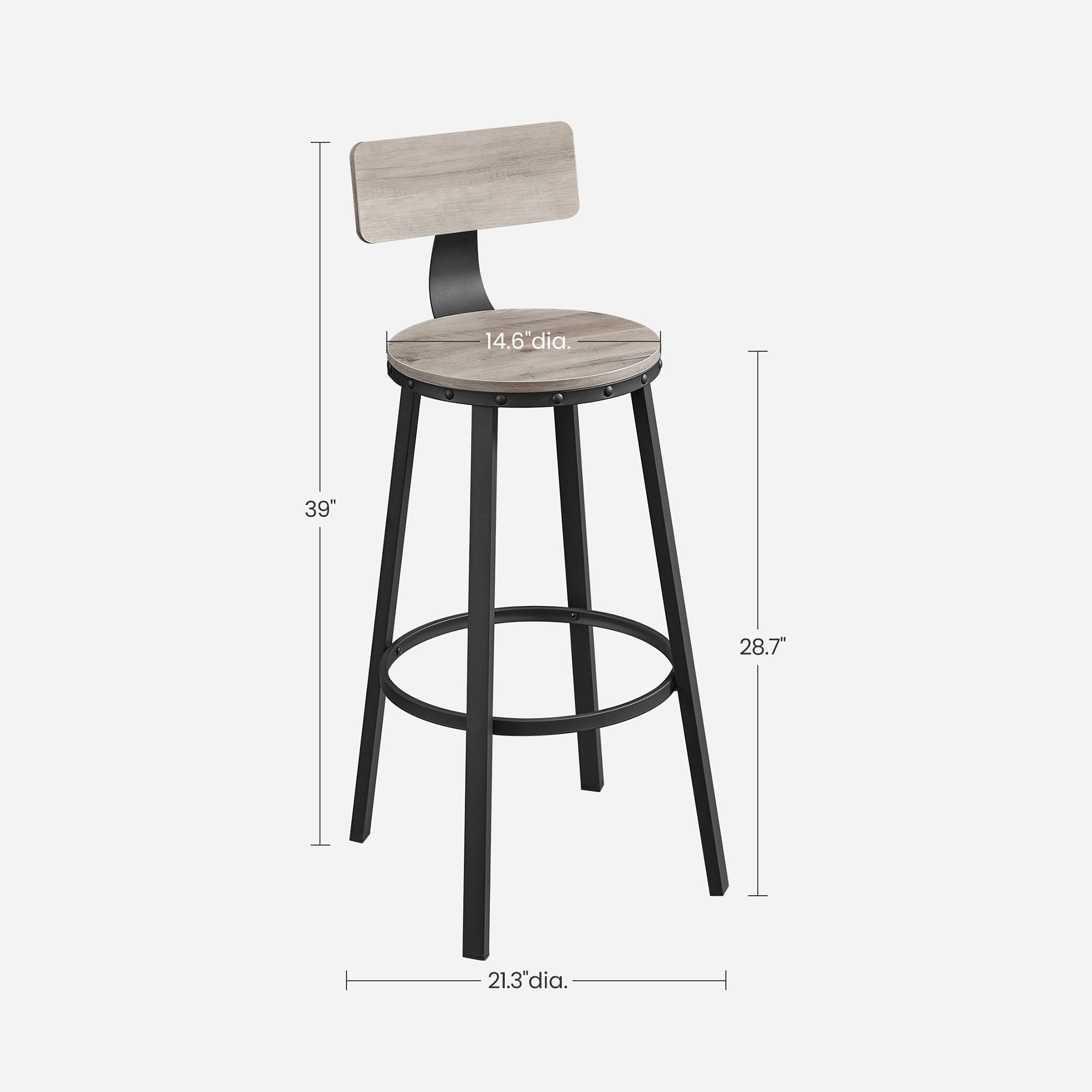 Bar stools - Set of 2 - With backrest - Wooden seat - Gray Black