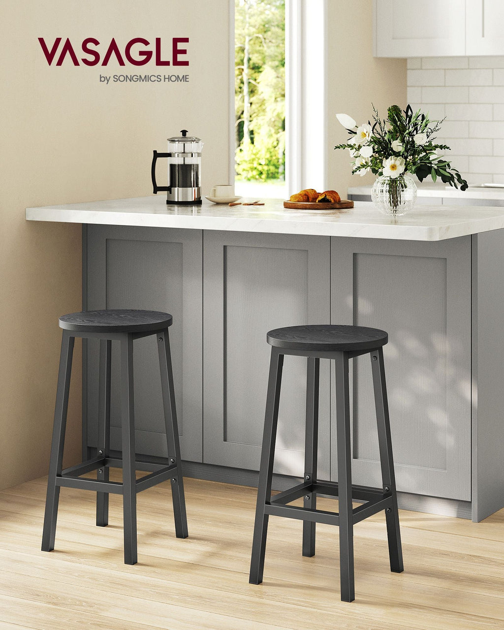 Bar stools - Set of 2 - Bar chairs - Height 65 cm - Round - With steel frame