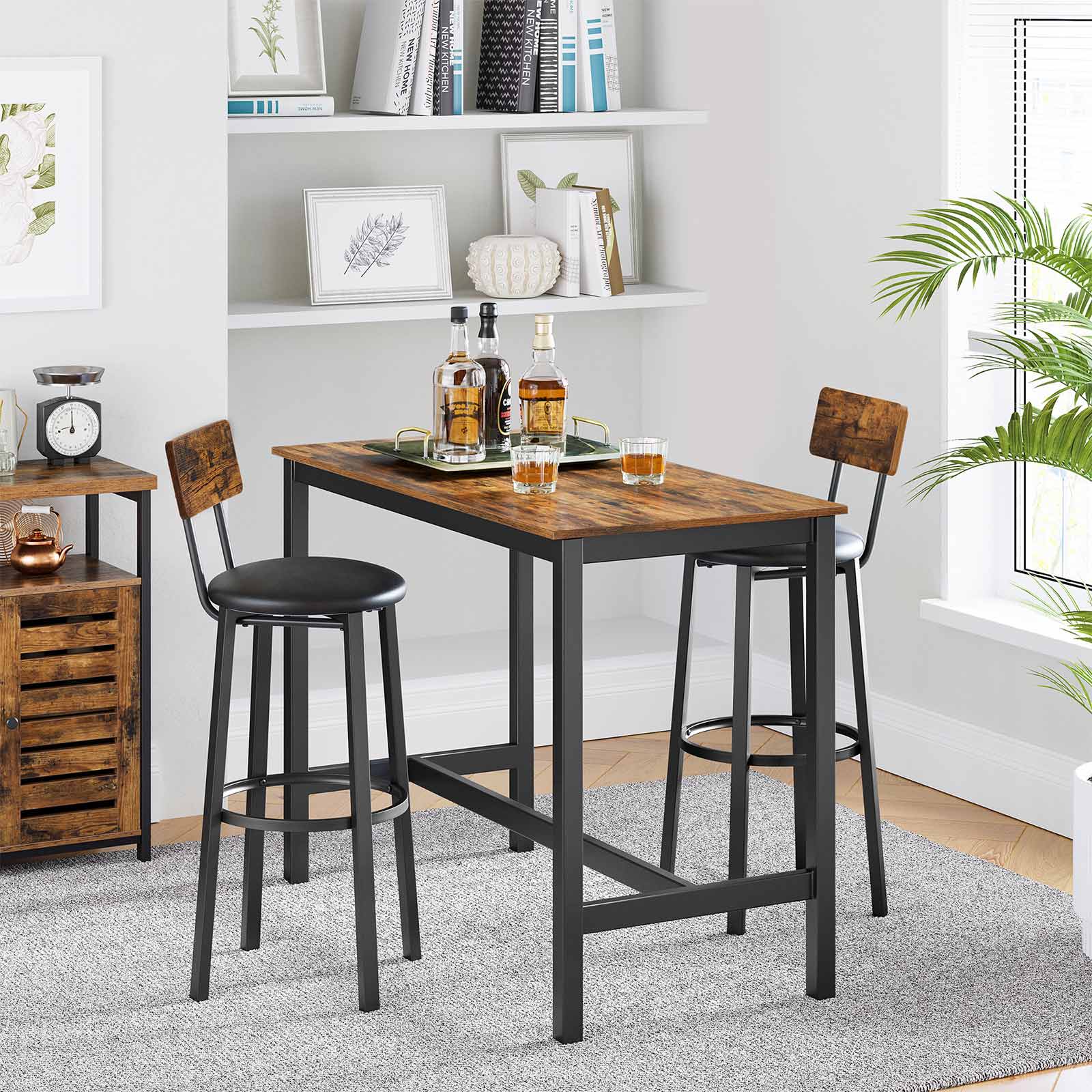 Bar stools - Set of 2 - Metal frame and wooden backrest - Black
