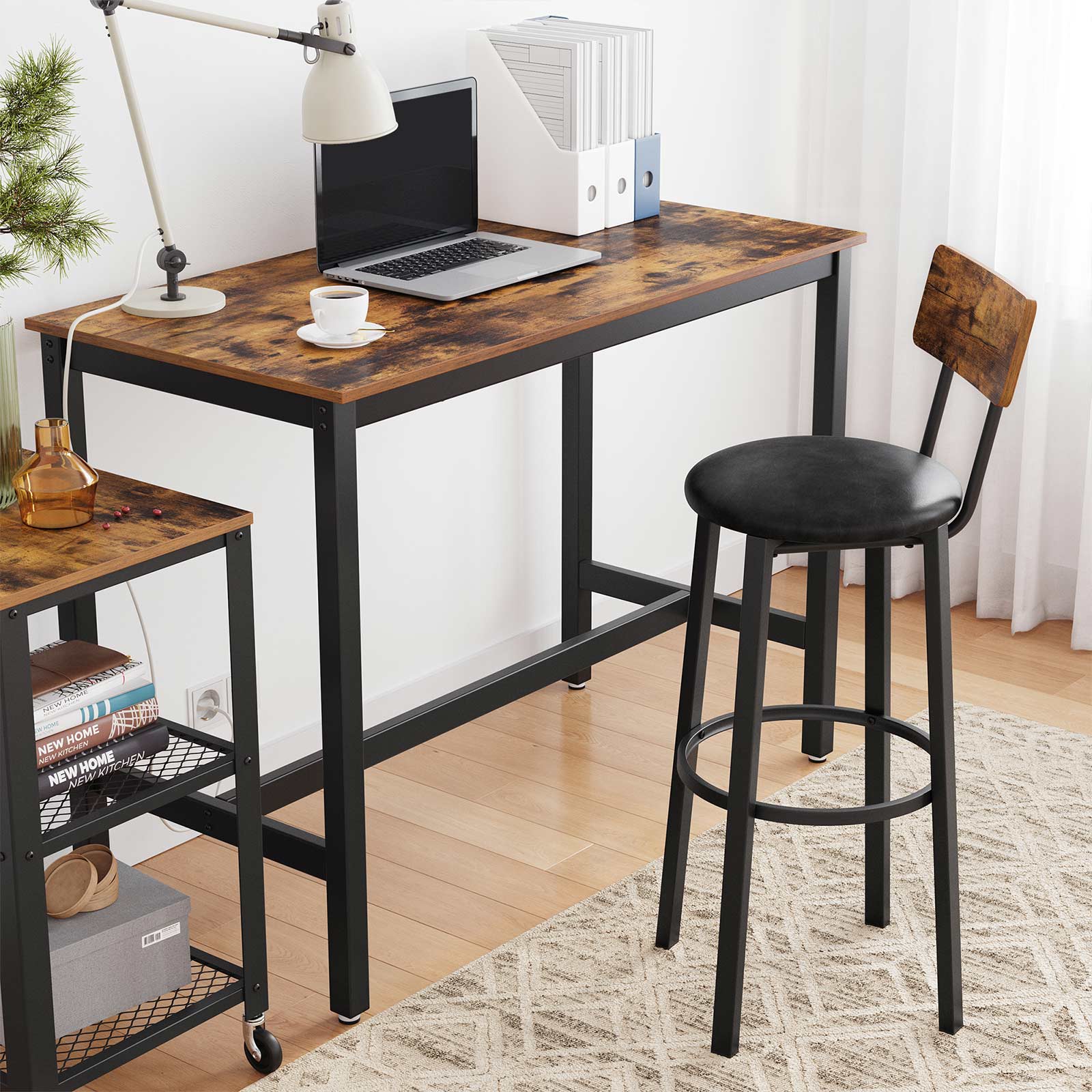 Bar stools - Set of 2 - Metal frame and wooden backrest - Black