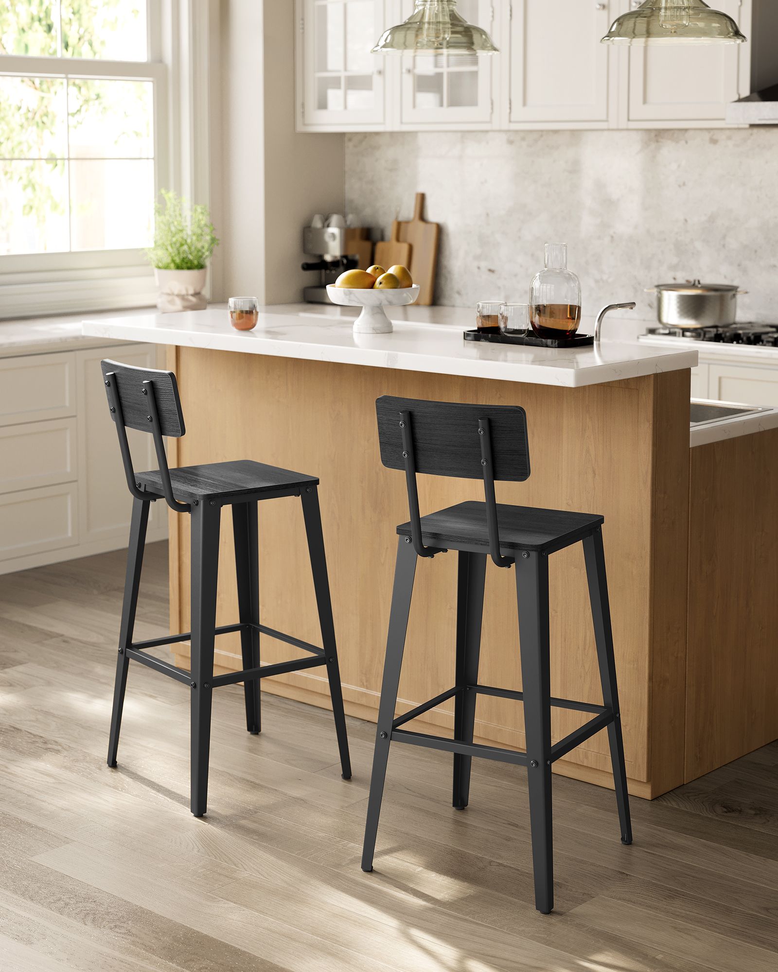 Bar stool set of 2 with backrest as-black ink black
