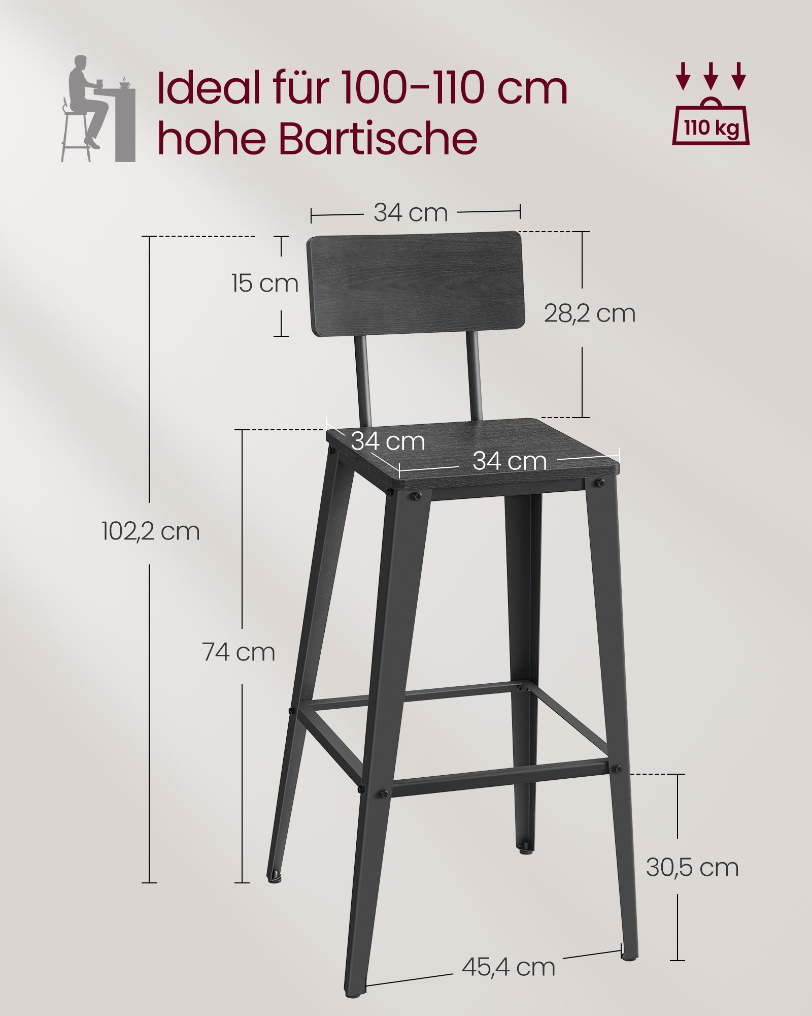 Bar stool set of 2 with backrest as-black ink black