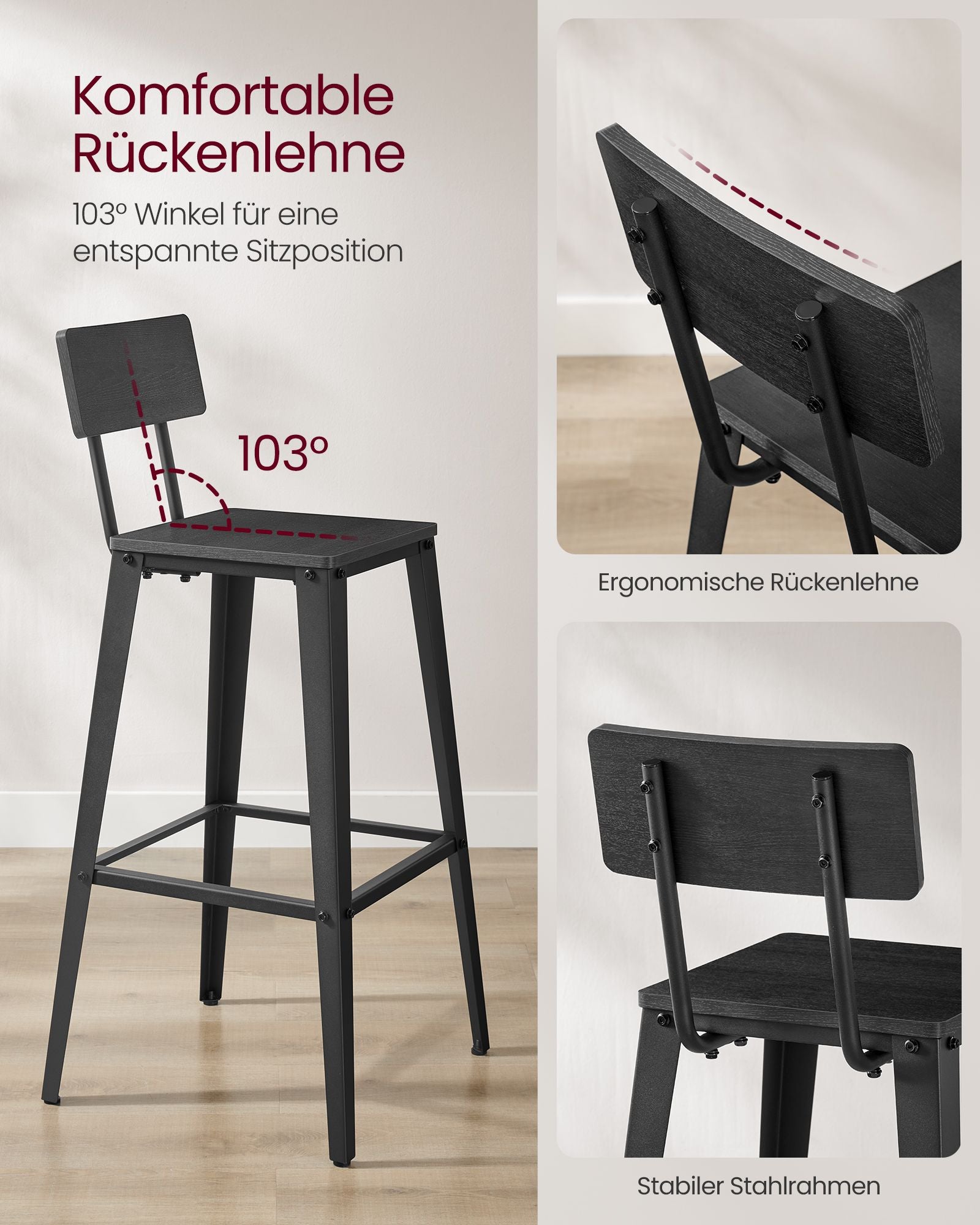 Bar stool set of 2 with backrest as-black ink black