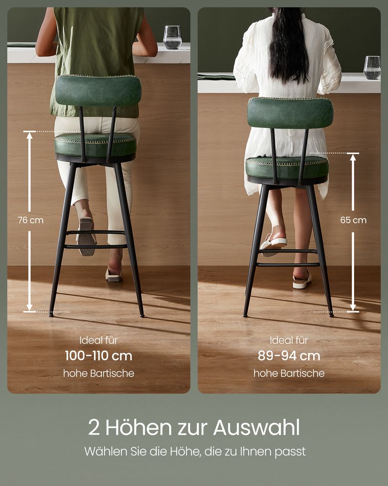 Bar stools - Bar chairs - Set of 2 - Metal frame - With backrest - Green