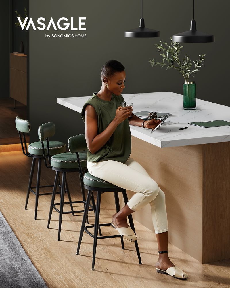 Bar stools - Bar chairs - Set of 2 - Metal frame - With backrest - Green