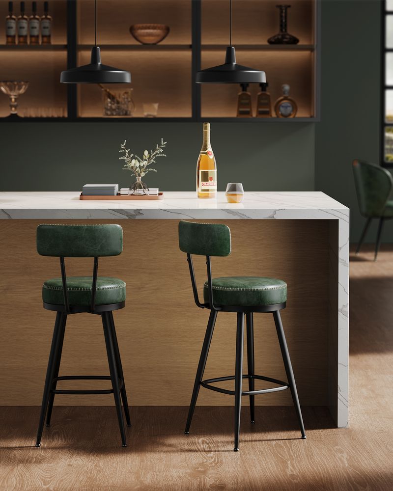 Bar stools - Bar chairs - Set of 2 - Metal frame - With backrest - Green