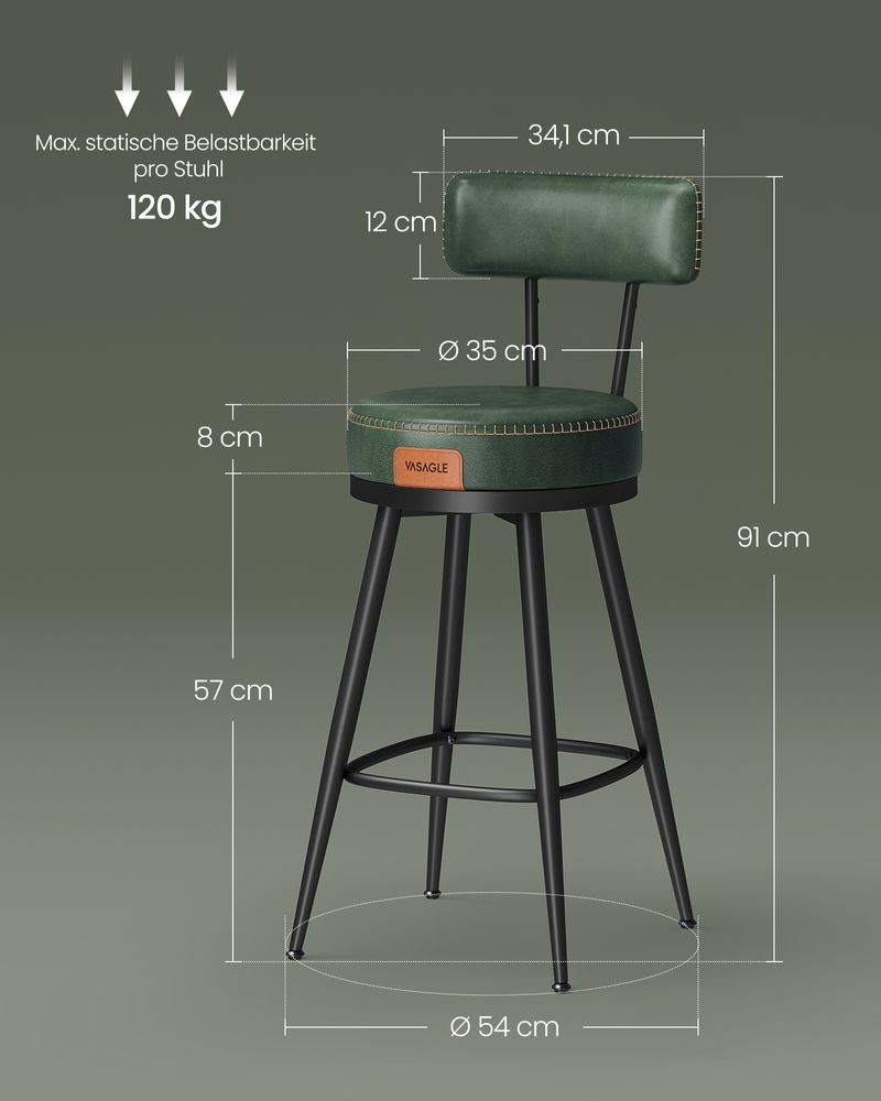 Bar stools - Bar chairs - Set of 2 - Metal frame - With backrest - Green
