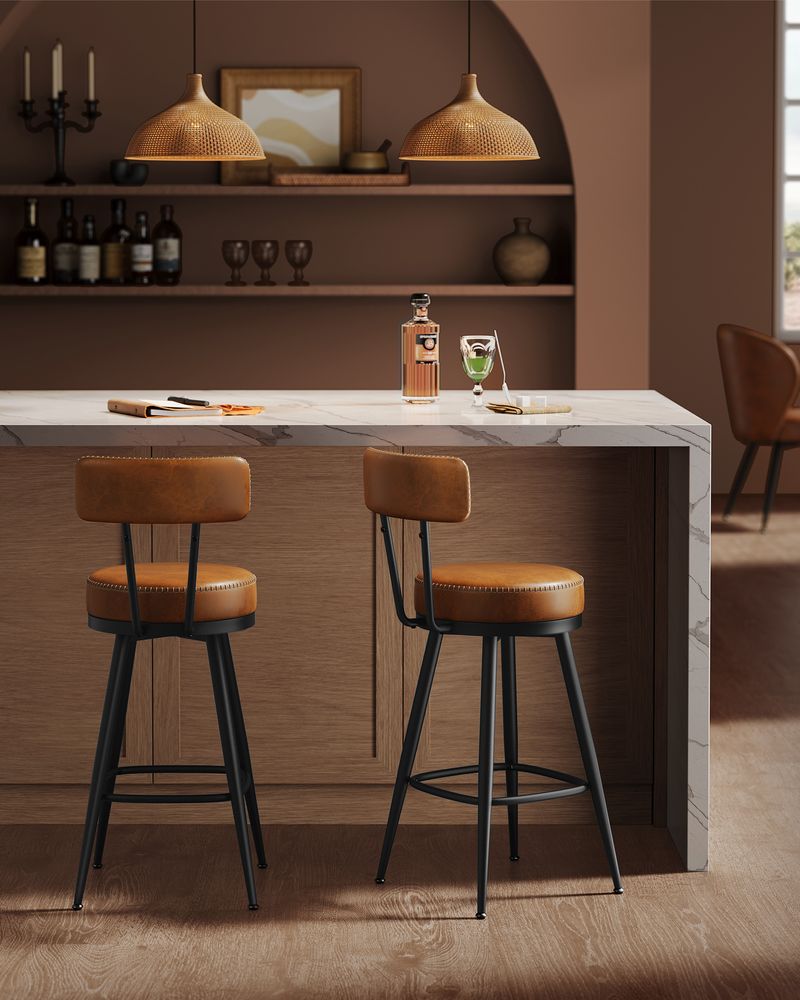 Bar stools - Bar chairs - Set of 2 - Metal frame - With backrest - Brown
