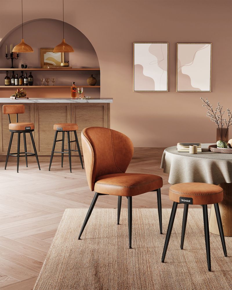Bar stools - Bar chairs - Set of 2 - Metal frame - With backrest - Brown