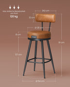 Bar stools - Bar chairs - Set of 2 - Metal frame - With backrest - Brown