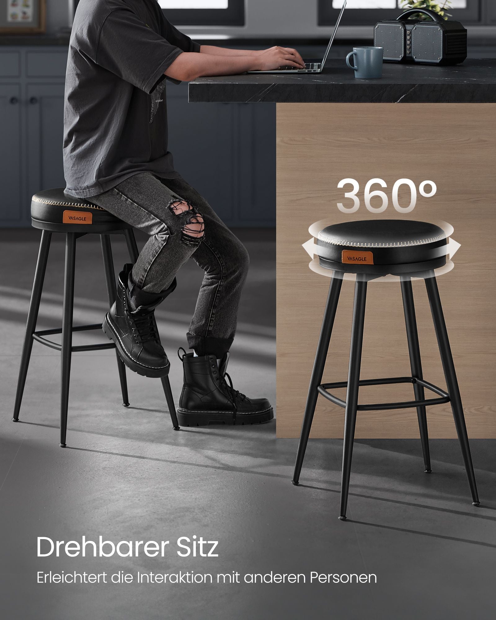 Bar stool set of 2 76 cm high ink -black