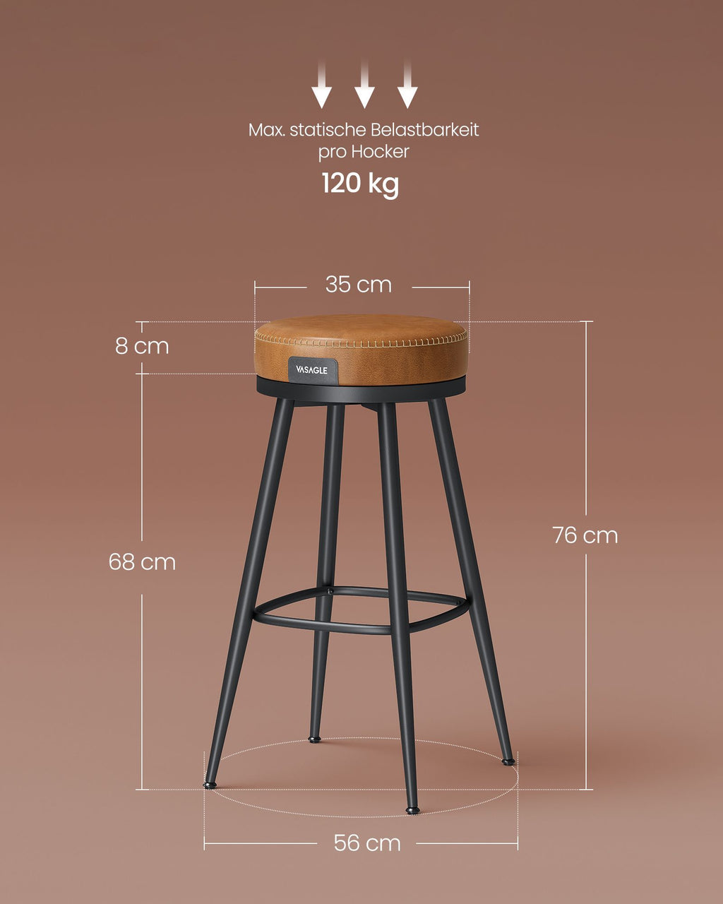 Bar stool set of 2 76 cm high caramel brown