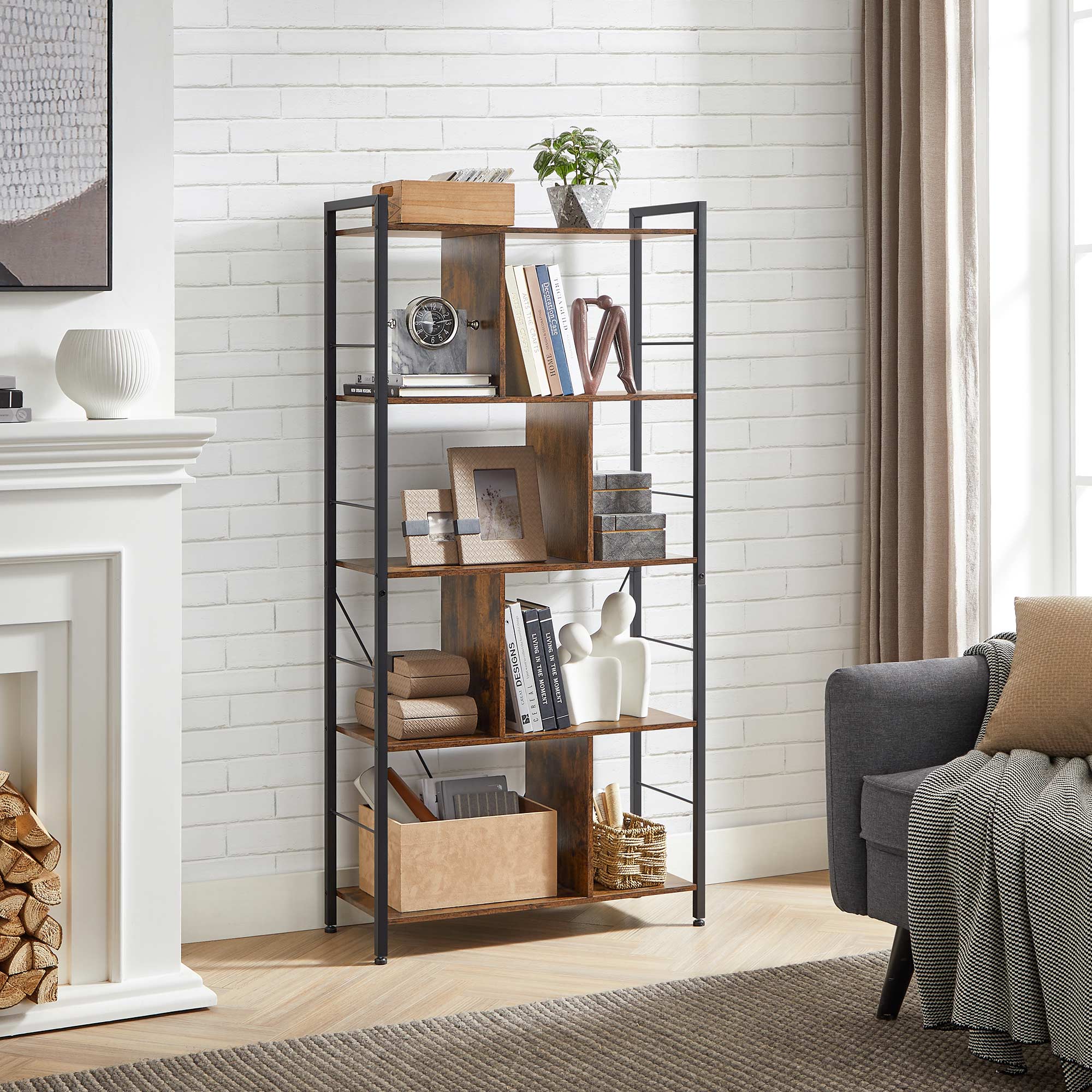 Bookcase - Office cabinet - Open compartments - With 5 levels - Metal frame - Brown Black