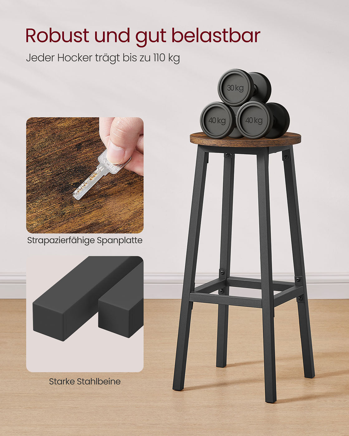 Bar stool set of 2 with footrest vintage brown-black
