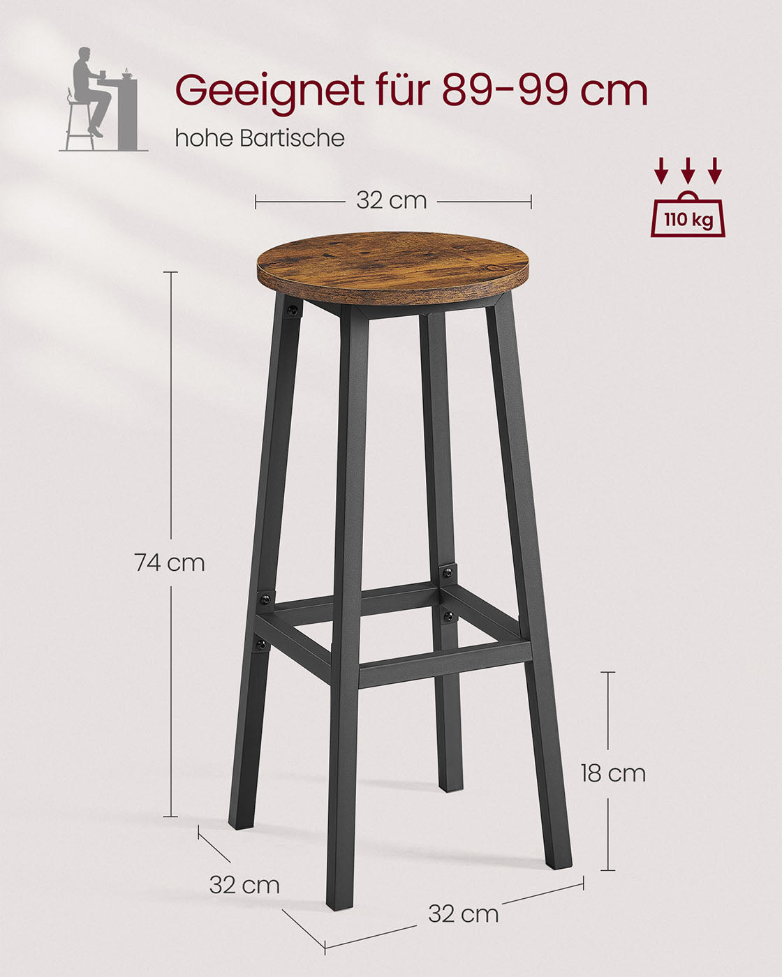Bar stool set of 2 with footrest vintage brown-black