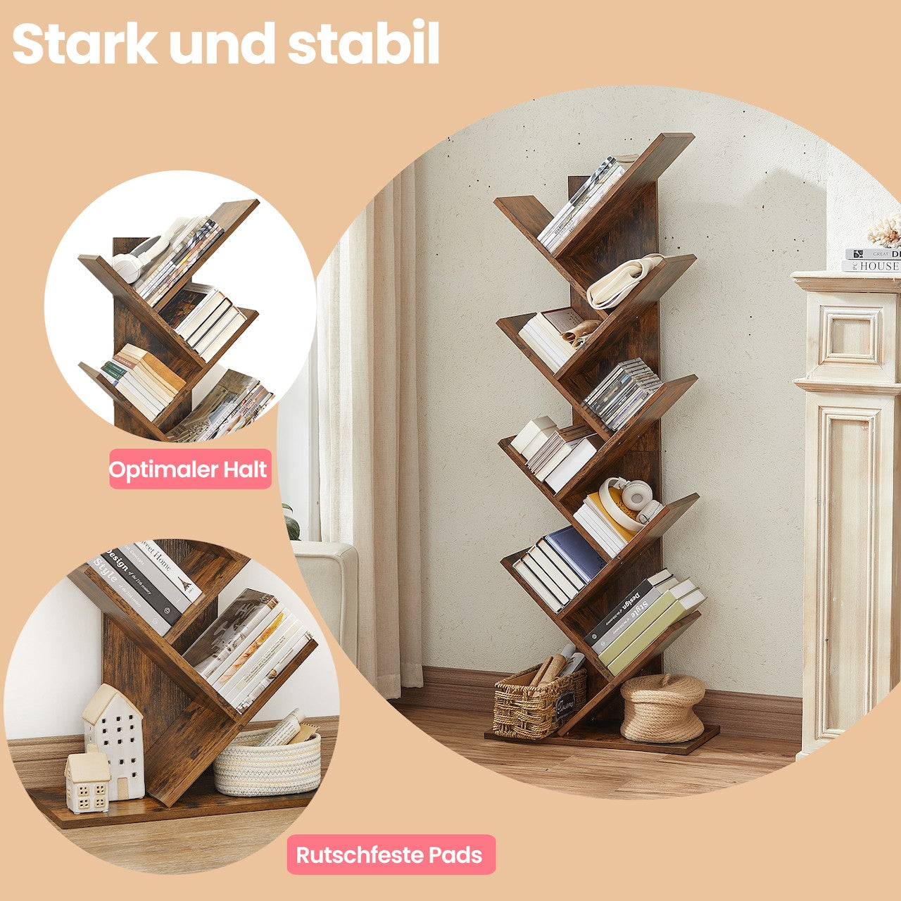 Bookcase - 9 levels in tree shape, space -saving corner board