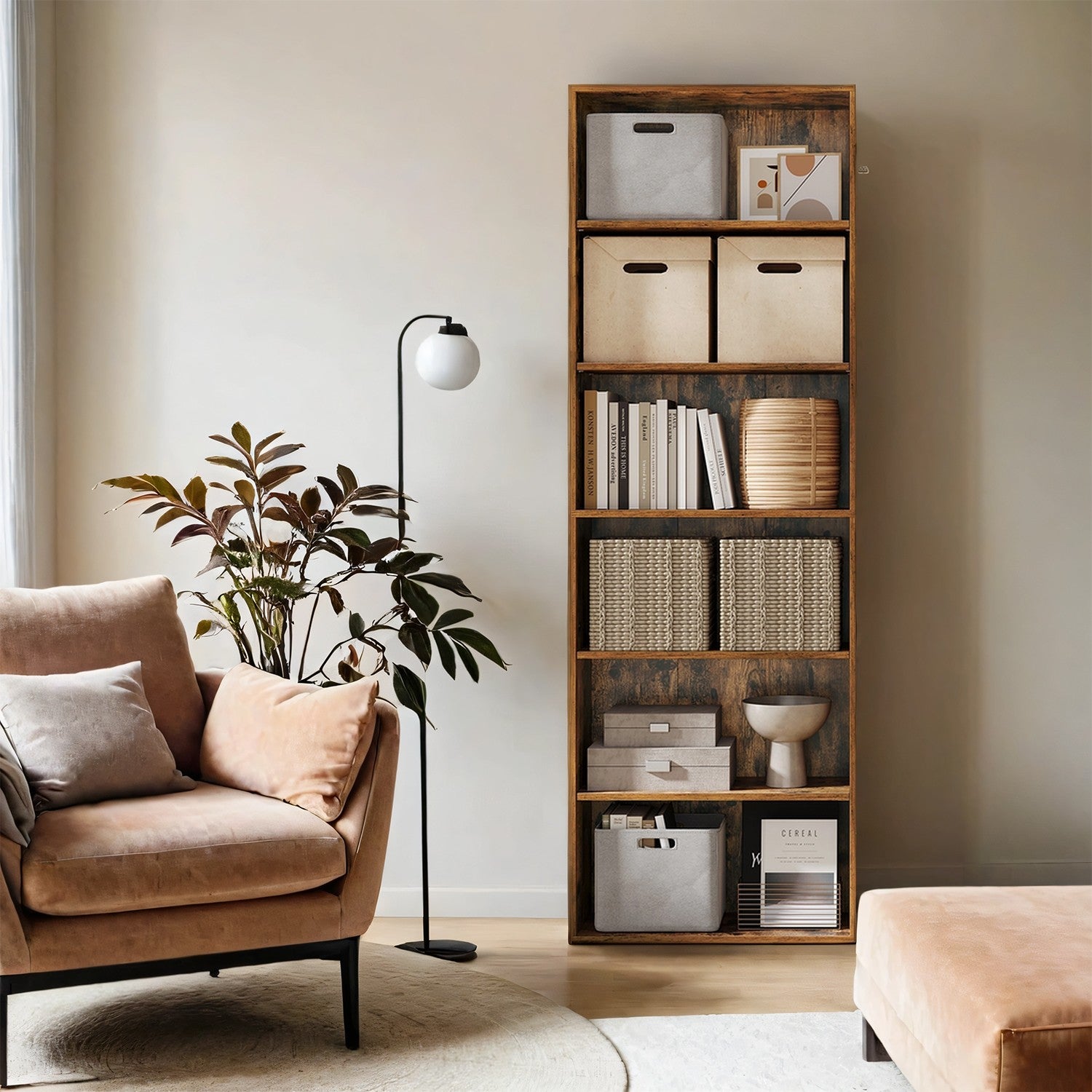 6-layer bookcase in Scandinavian style, standing shelf for living room