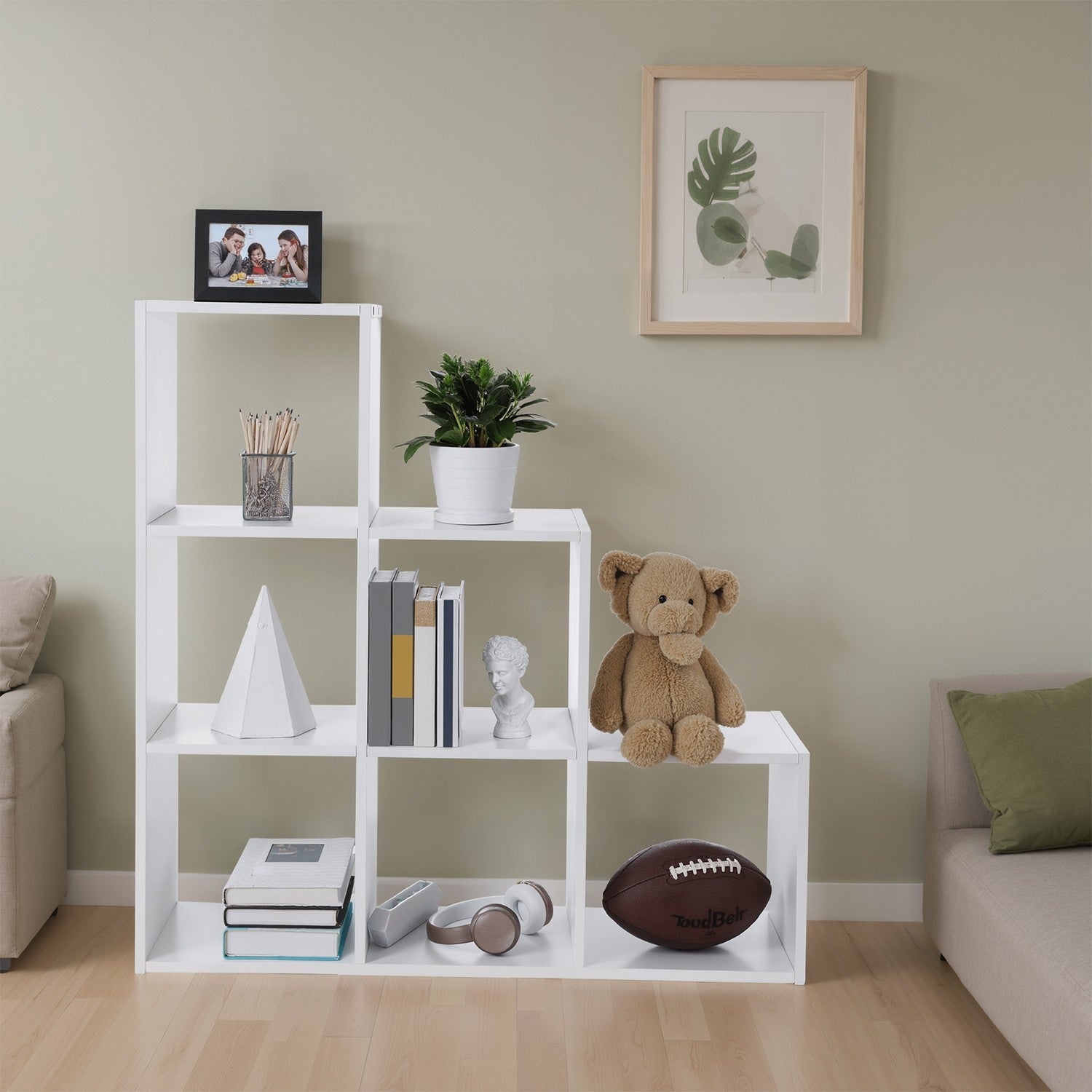 Bookcase with 6 compartments, open plank, boarding board