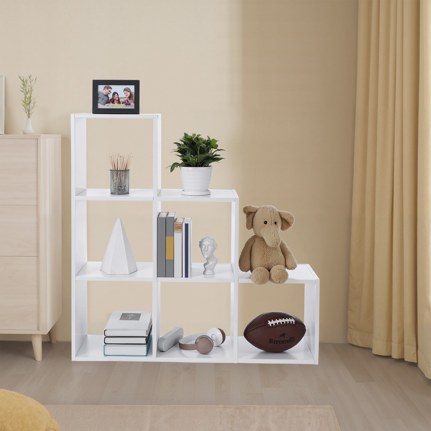 Bookcase with 6 compartments, open plank, boarding board